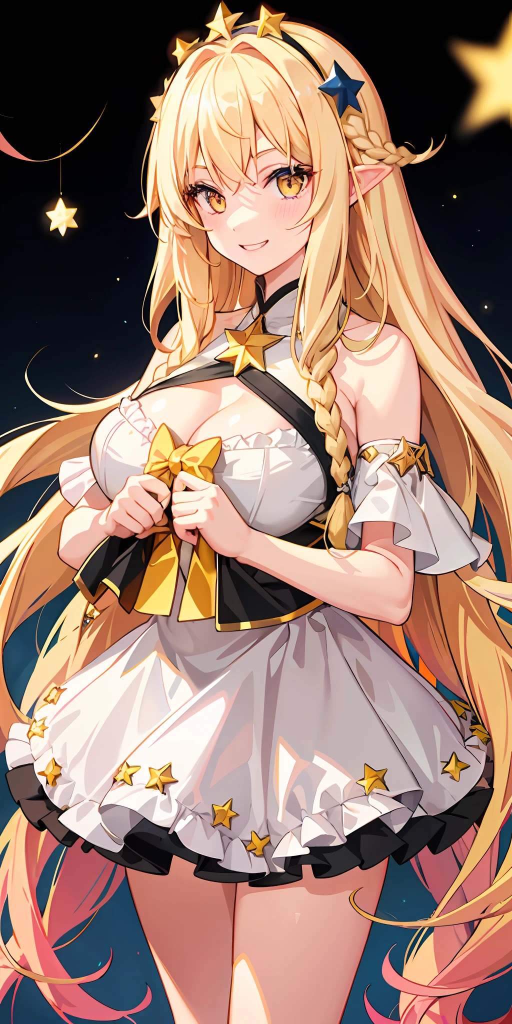 1girl, bright, blonde, long hair, half up, yellow eyes, star motif, multicolored hair, pink eyes, saleme, head mask, side light, light particles, wallpaper, big, plump, idol, swimsuit, loose, fluffy, quiet, smile, double tooth, gentle, clear, sexy