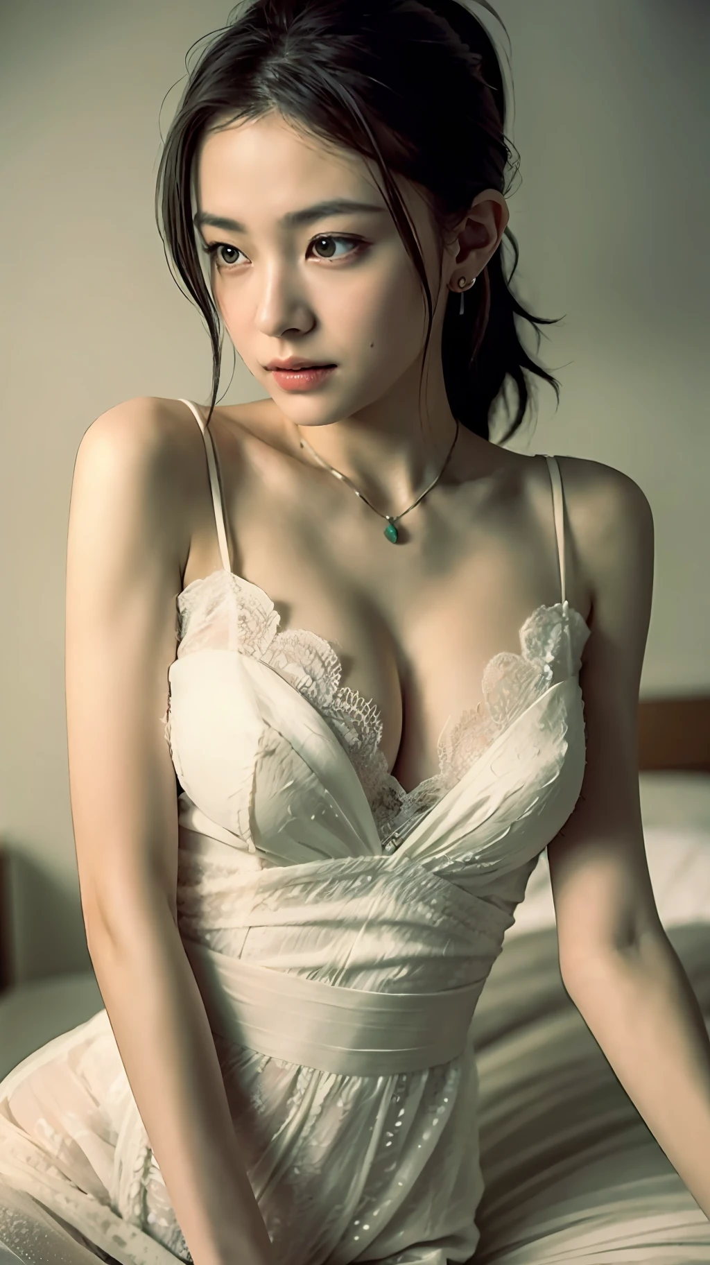 (laying in the bed),one hand playing the breast, (dark sexy light),(low-key lighting),(night), (An extremely delicate and beautiful work), (masterpiece), 1girl, a girl in a white dress, highly detailed, waist leaking, ponytail contorted, charming expression, beautiful and clear eyes, green eye pupil, delicate necklace, delicate earrings, fairy ears, simple blurred background, extreme detail description, beautiful, charming, ultra-fine photography , delicate face, delicate figure, Fine collarbones, lovely lips, beautiful breasts, soft behind, mix4,(8k, RAW photo, best quality, masterpiece:1.2), (realistic, photo-realistic:1.37),1girl,cute, night, wet, professional lighting, photon mapping, radiosity, physically-based rendering