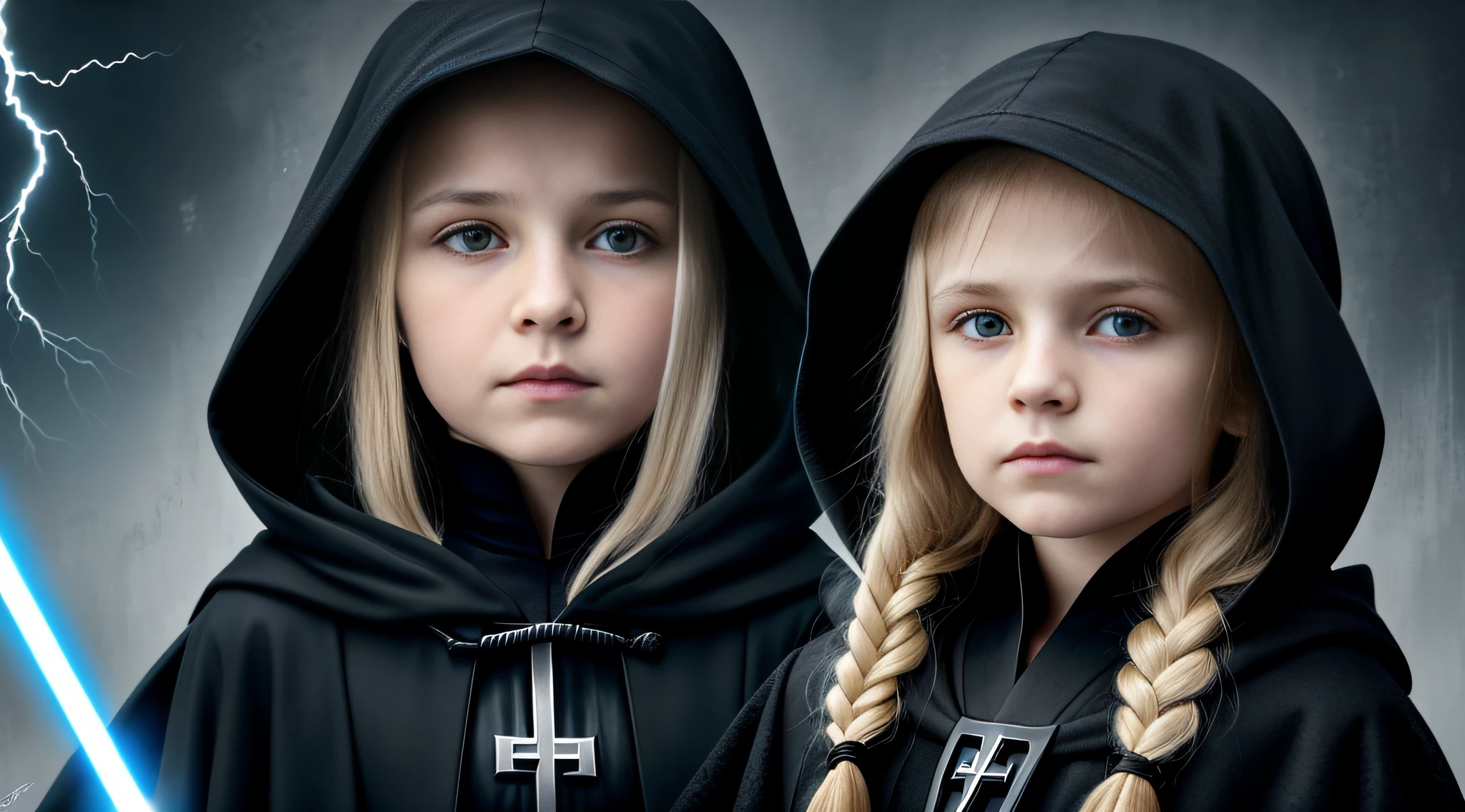 RUSSIAN CHILD GIRL WITH WITH STRAIGHT LONG HAIR BLONDE, PORTRAIT STYLE, A HOODED CLOSEUP HOLDING A LIGHTNING BOLT, Sidious, Portrait, as a Sith Lord, Sith Lord, Sith, from Star Wars Legends, WW 1 Sith Sorcerer, The Force, profile picture 1024px, wearing black Sith robes