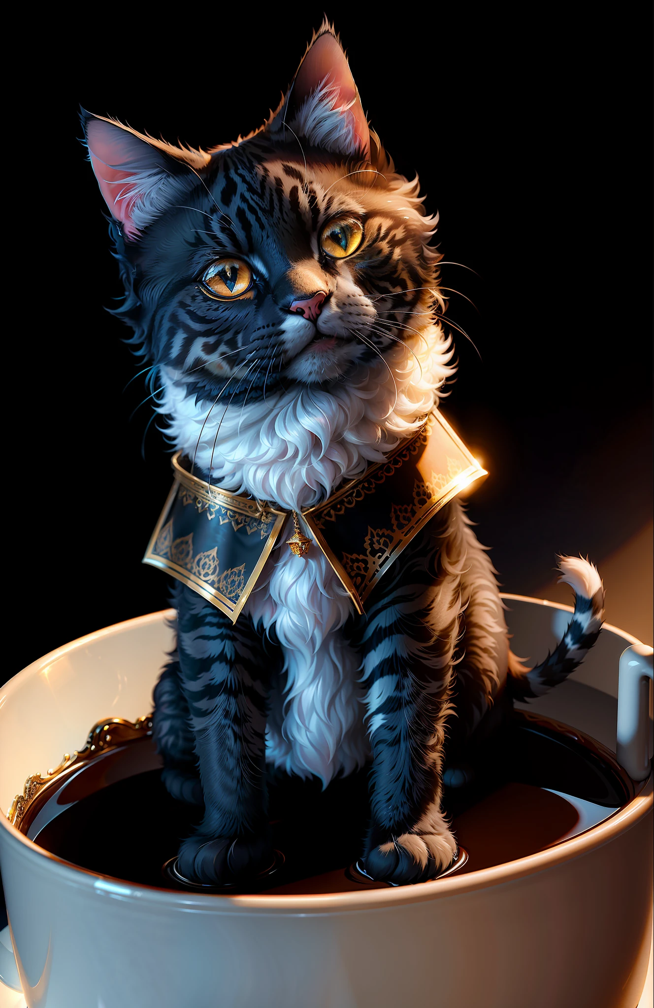 ((Cat in clothes)),,Full shot,Fluffy black hair,Rich colors,Exquisite details,Masterpiece,Realistic,Artsation,CG,Realistic,Unreal Engine,Realistic light and shadow,Beautiful rich colors,Wonderful details,High quality,Ear pair,Playing with coffee cup