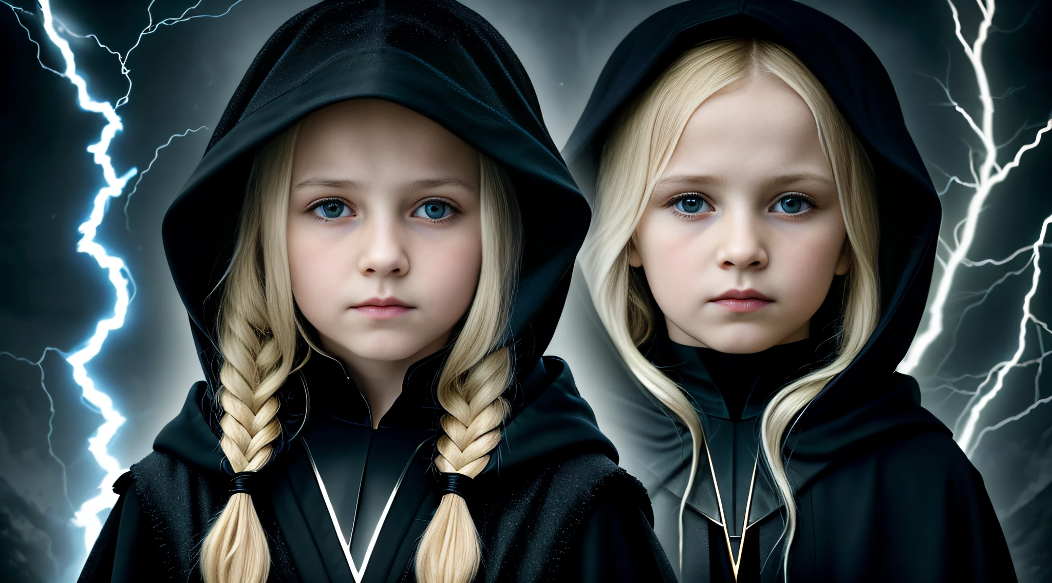 RUSSIAN CHILD GIRL WITH 10 YEARS OLD WITH STRAIGHT LONG HAIR BLONDE, PORTRAIT STYLE, A HOODED CLOSEUP HOLDING A LIGHTNING BOLT, Sidious, Portrait, as a Sith Lord, Sith Lord, Sith, from Star Wars Legends, WW 1 Sith Sorcerer, The Force, profile picture 1024px, wearing black Sith robes