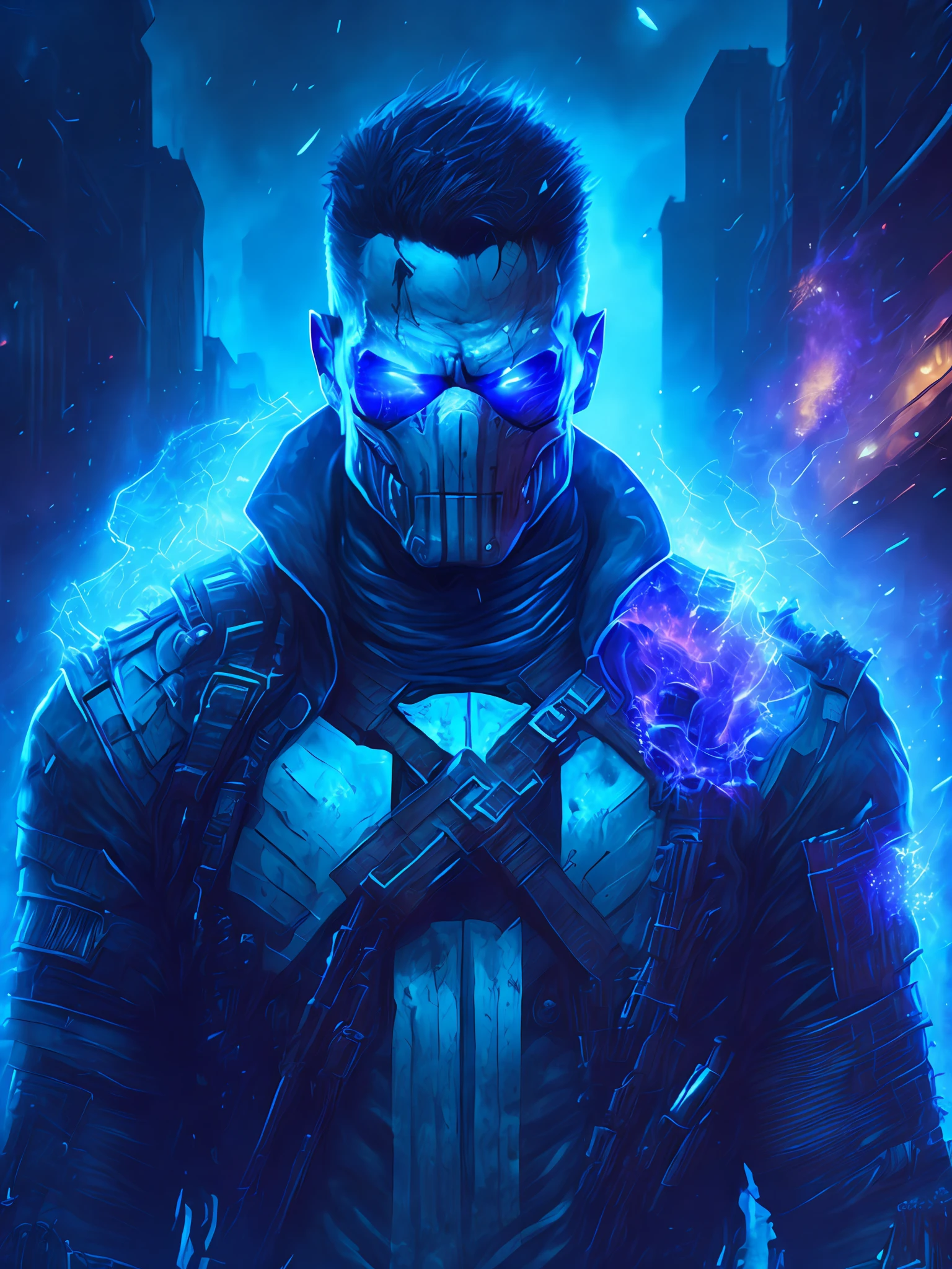 gloomy portrait of Zombie Punisher from Marvel, extremely detailed, futuristic cityscape, nighttime, glowing neon lights, smoke, sparks, metal shavings, flying debris, blue energy effects, volumetric light