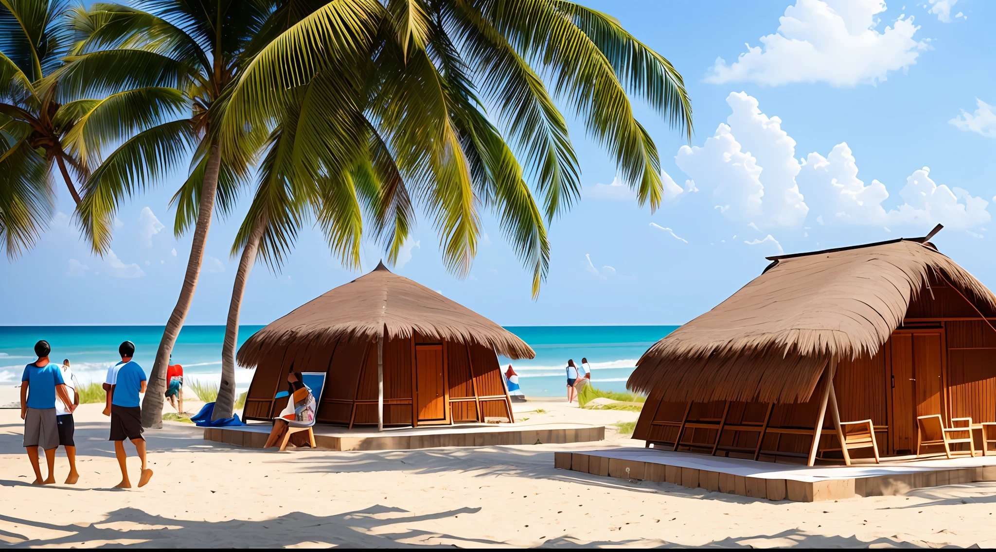 people building huts near the beach