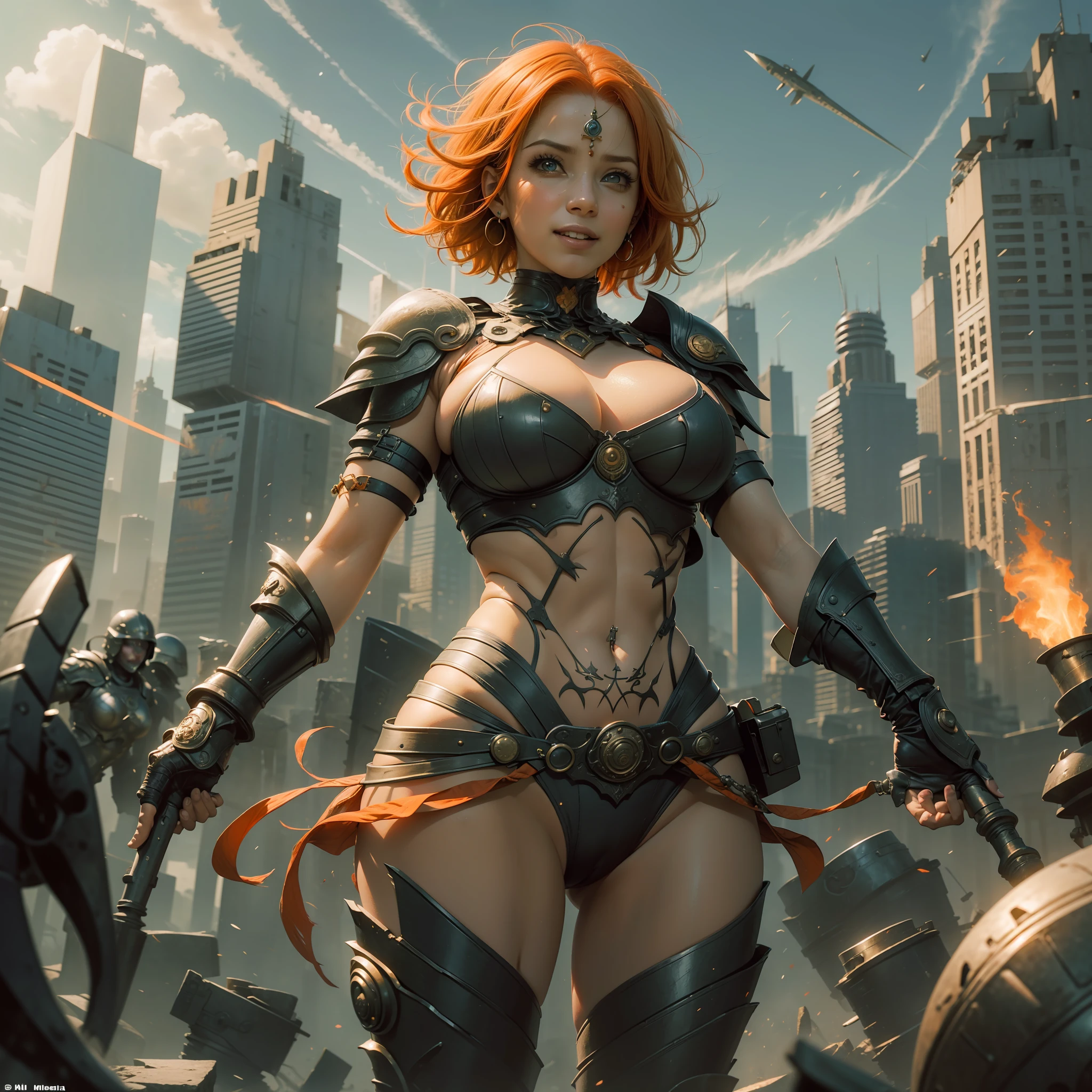 ((realista: 1.5)),((melhor qualidade)), ((obra-prima)),(detalhado)), Woman, with short orange hair, fearless look, and voracious smile, warrior clothes, big breasts, muscular body, battle scars on her body.