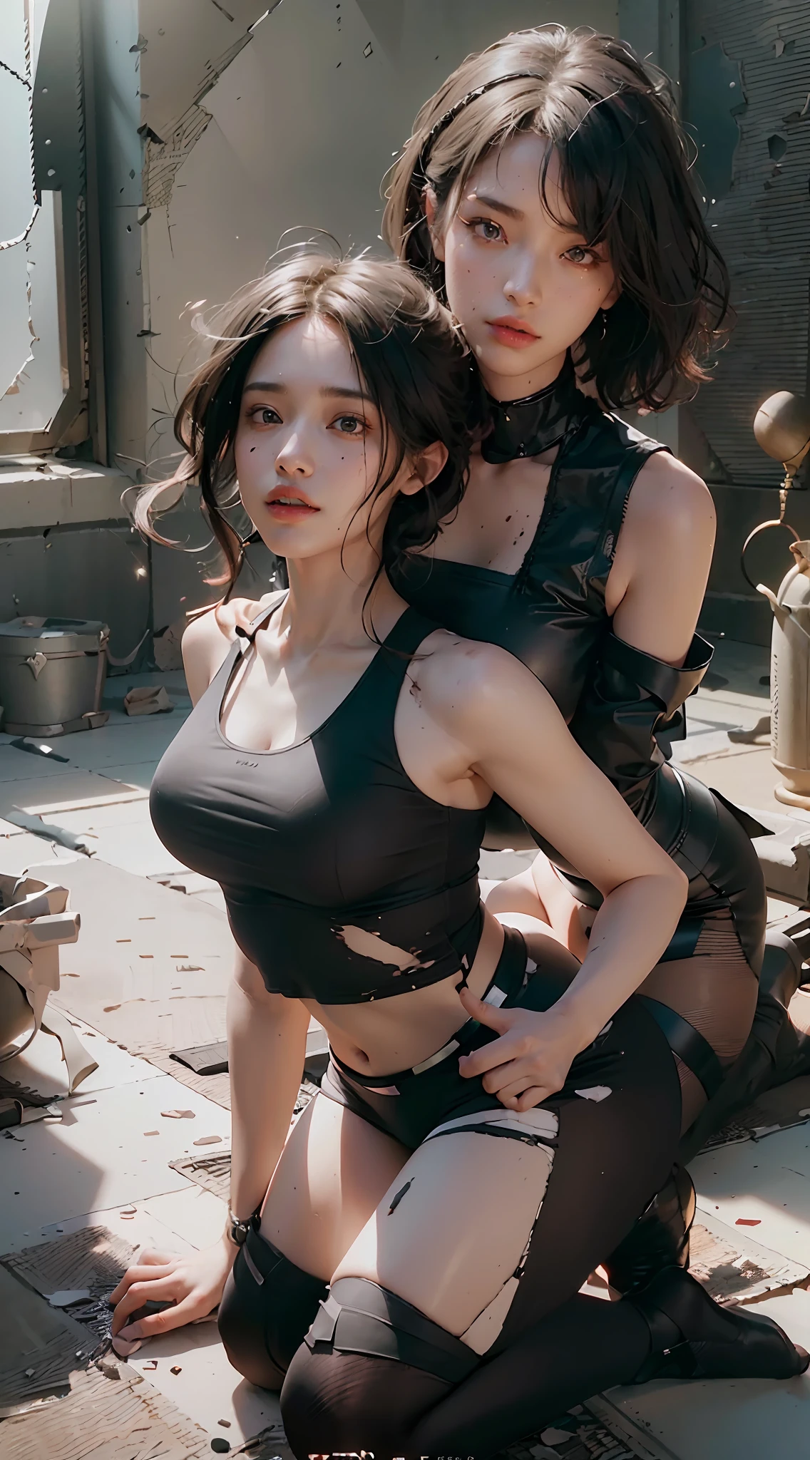 ((Best Quality)), ((Masterpiece)), (Details: 1.4 pieces), 3D, Beautiful Pure Beauty, (Black Crop Top: 1.9), (Head Difference: 1.6), (Kneeling, Guillotine: 1.6) (Splattered Blood) HDR (High Dynamic Range), Ray Tracing, NVIDIA RTX, Super Resolution, Unreal 5 Pieces, Subsurface Scattering, PBR Textures, Post Processing, Anisotropic Filtering, Depth of Field, Maximum Sharpness and Sharpness, Multi-layer Textures, Albedo and Highlight Maps, Surface shading, Mitsu-Accurate simulation of material interactions, perfect proportional ratio, octane rendering, two-color light, large aperture, low ISO, white balance, rule of thirds, 8K RAW,