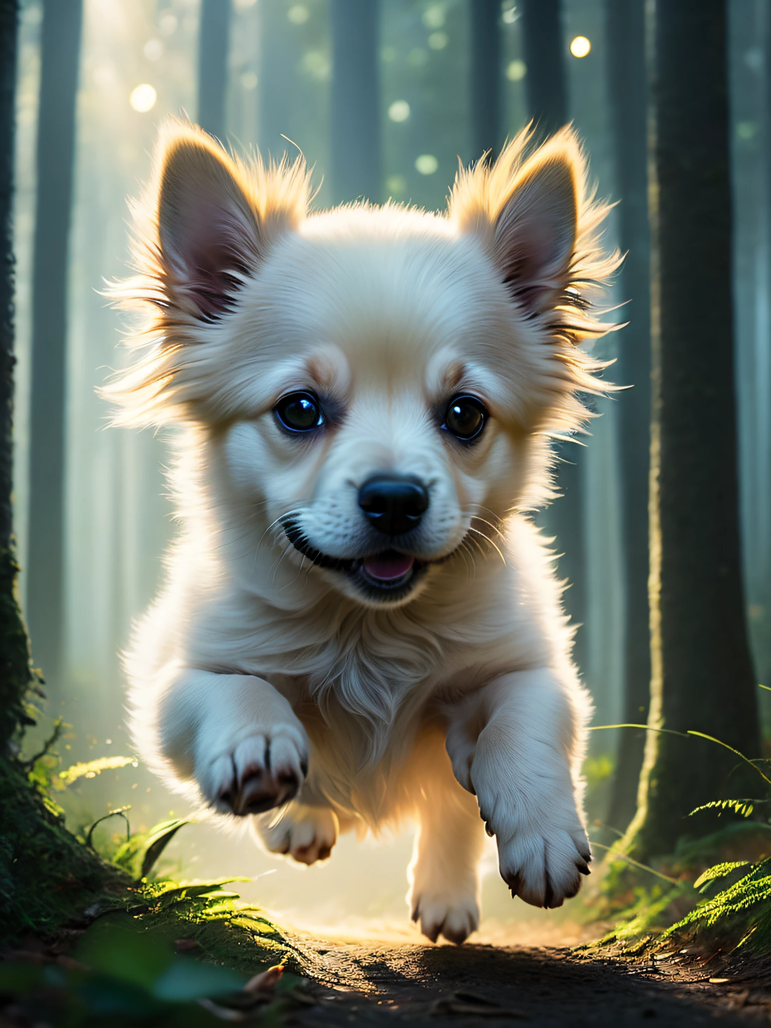 close up photo of a very cute jumping puppy in the forest, soft volumetric lights, (backlit:1.3), (cinematic:1.2), intricate details, (ArtStation:1.3), Rutkowski