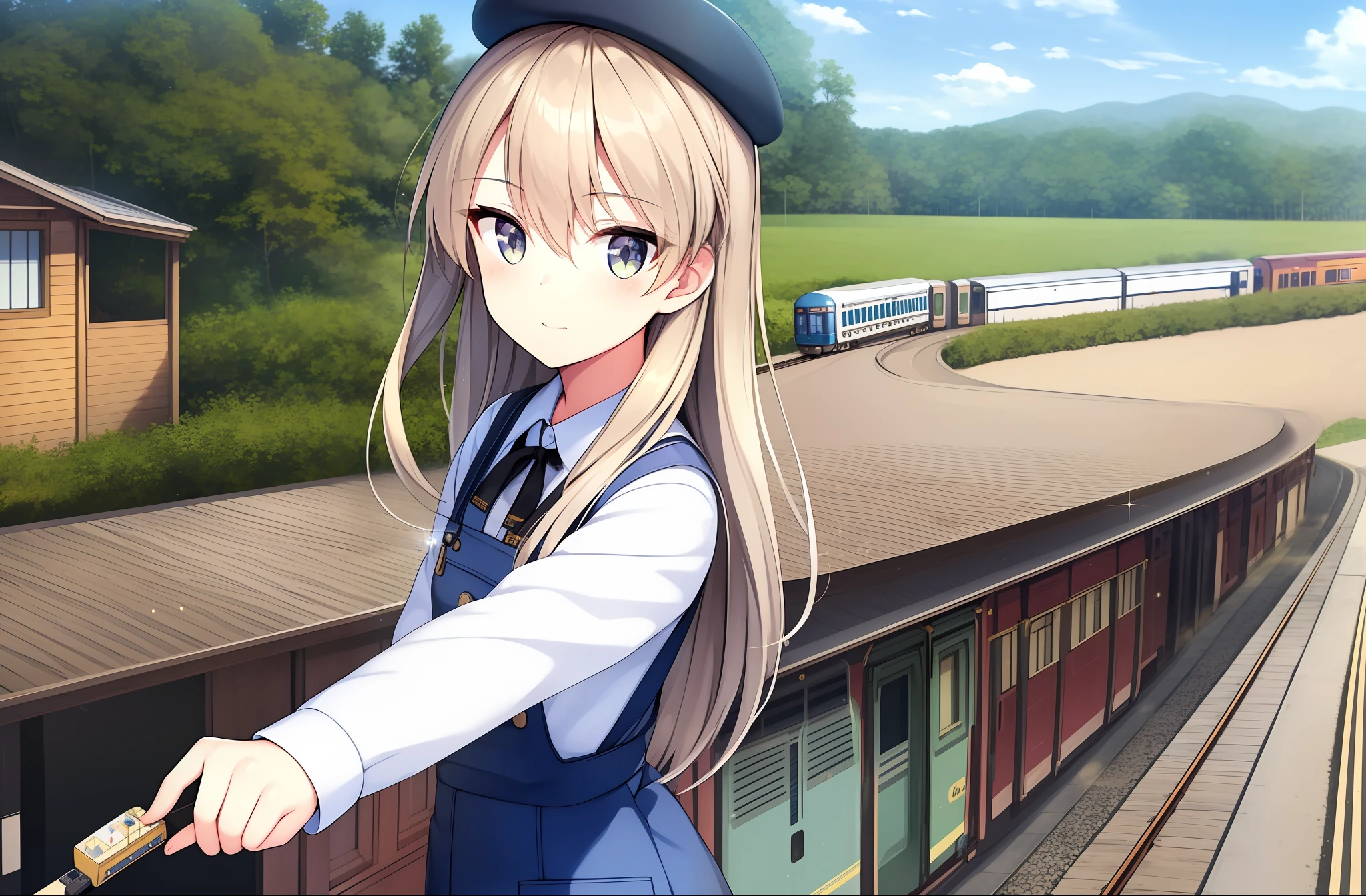 1 girl, young girl, detailed eyes, sparkling eyes, beautiful hands, highly detailed hands, straight hands, masterpiece, best quality, shiny skin, shiny hair, train conductor clothes, overalls, conductor hat, train, playing with toy trains, toy train, train set, long hair, straight hair, hair between eyes, hazel eyes,