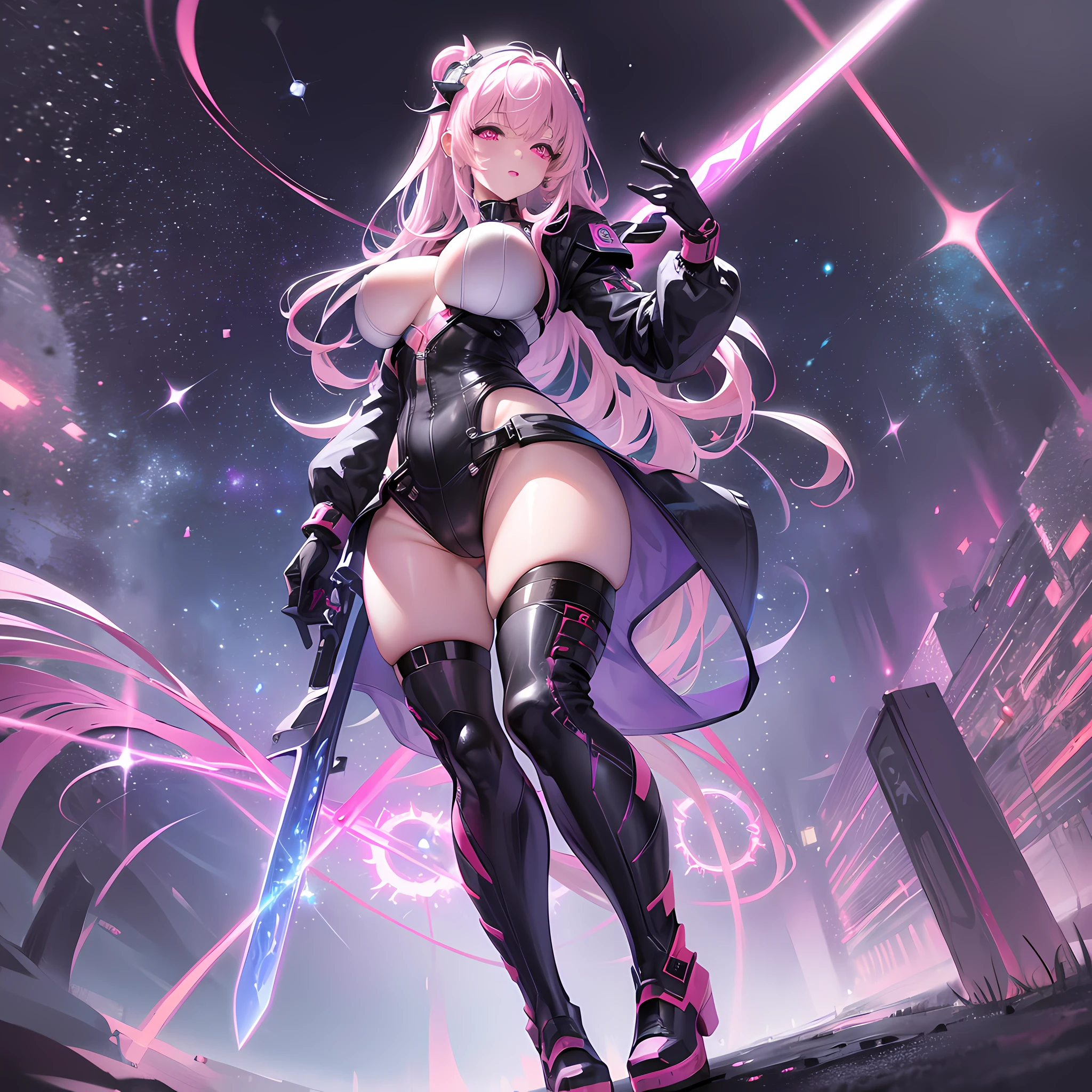 (ultra detailed background, detailed background), absurd, highres, ultra detailed, extremely detailed, 1girl, (nsfw: 1.5), (zentangle: 1.2), (geometric: 1.2), (colorful), (1girl), (sexy girl), alone, (((detailed face and eyes))),((pink eyes)),((long straight loose hair)),((light purple hair)),galactic girl, galaxy, planets, starry sky, space, stars, ((technology boots)),((fluorescent clothing, neon color)),((red sword)), 8k, high quality, full HD, busty, curvaceous