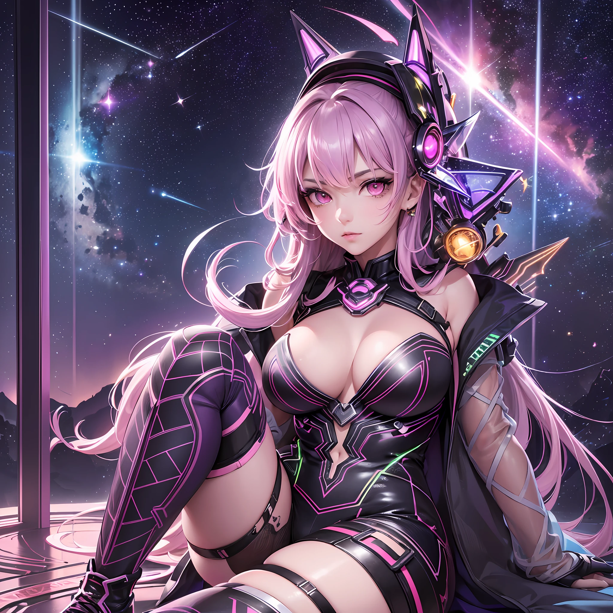 (ultra detailed background, detailed background), absurd, highres, ultra detailed, extremely detailed, 1girl, (nsfw: 1.5), (zentangle: 1.2), (geometric: 1.2), (colorful), (1girl), (sexy girl), alone, (((detailed face and eyes))),((pink eyes)),((long straight loose hair)),((light purple hair)),galactic girl, galaxy, planets, starry sky, space, stars, ((technology boots)),((fluorescent clothing, neon color)),((red sword)), 8k, high quality, full HD, busty, curvaceous