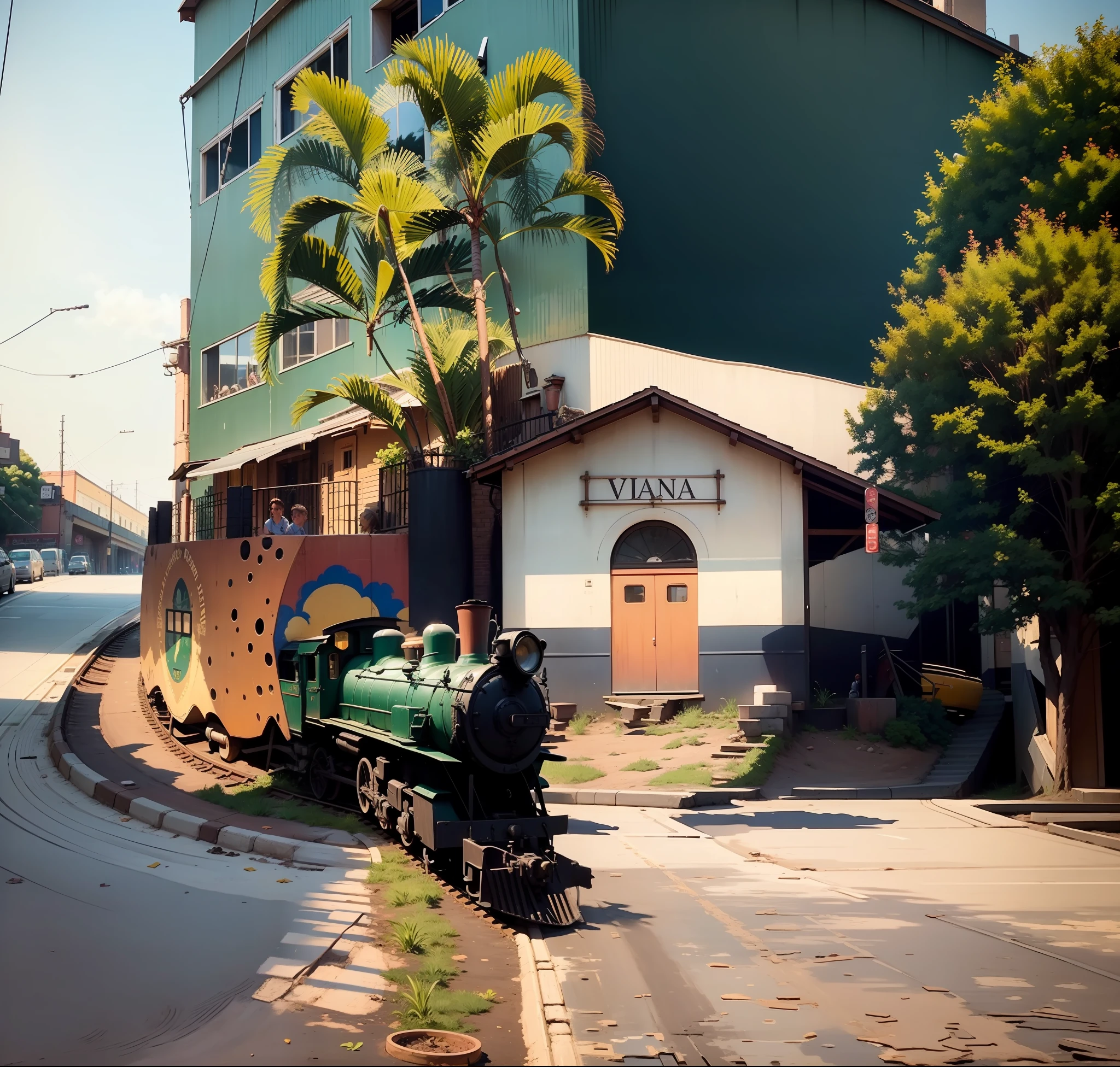 The train is leaving the painting and going to the street. Canon. hyperrealistic, details, shadows and lights. late afternoon weather --auto --s2