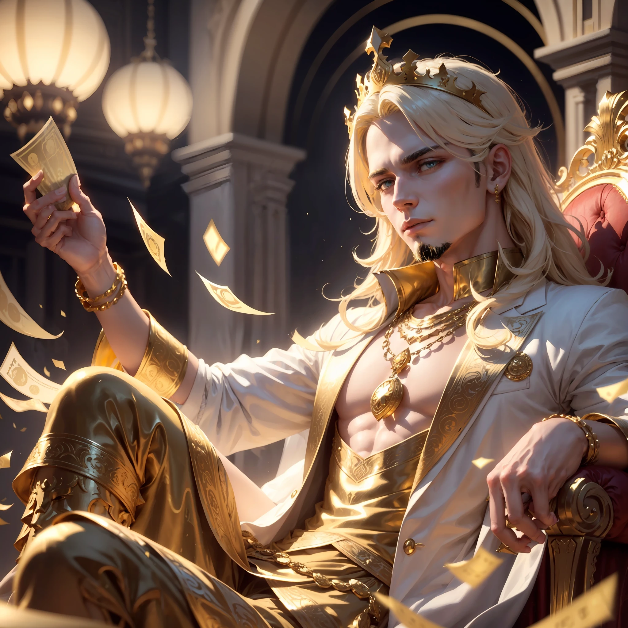 A Midas, King of Phrygia, sitting in a stylish pose on a white throne, golden hair, gleaming crown, bright amber eyes, wealth all around him. Surrounded by floating dollar bills, cascade of money. Background is black, further highlighting the brightness and opulence of the scene.