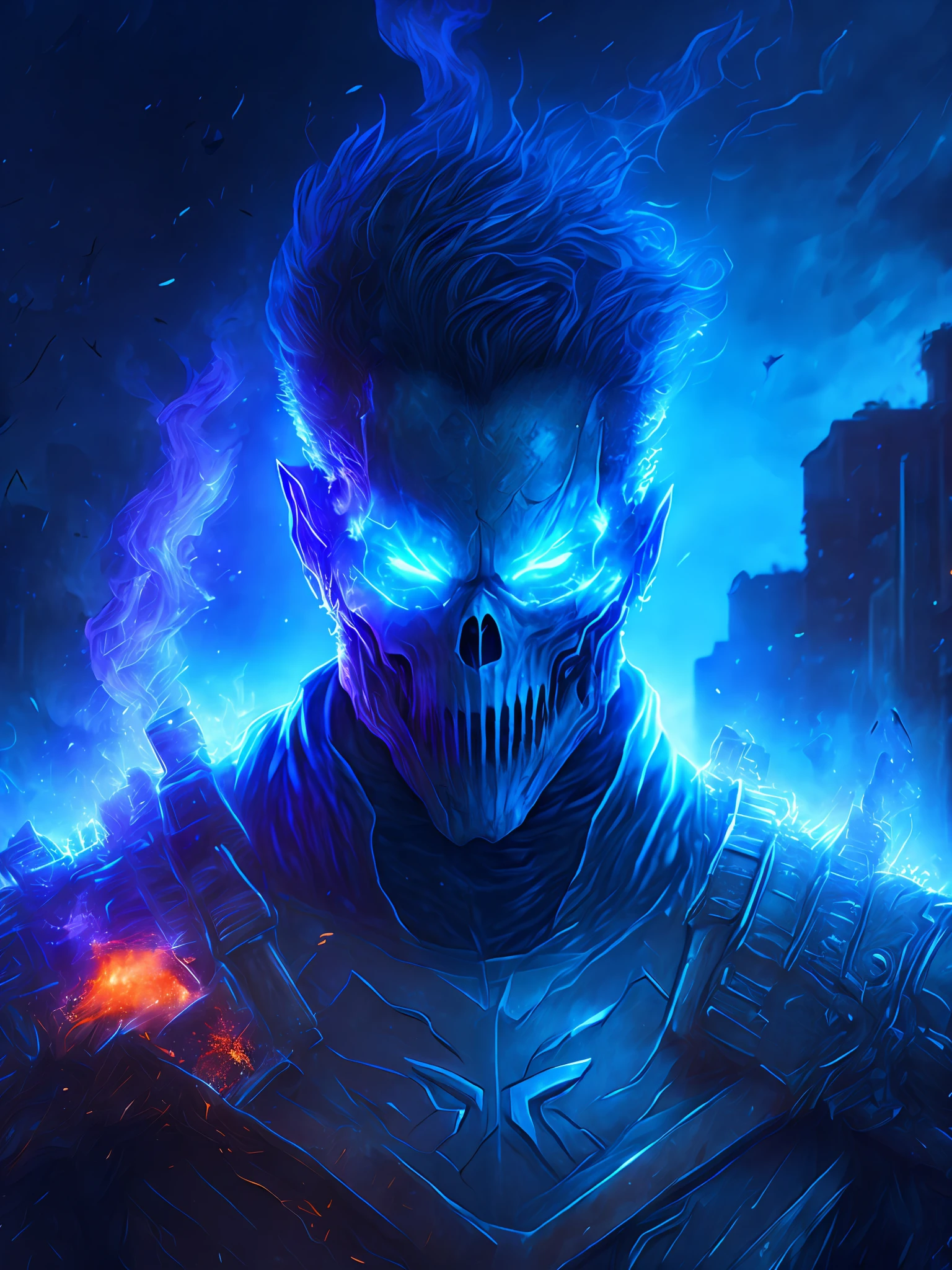 gloomy portrait of Zombie Ghost Rider from Marvel, extremely detailed, futuristic cityscape, nighttime, glowing neon lights, smoke, sparks, metal shavings, flying debris, blue energy effects, volumetric light