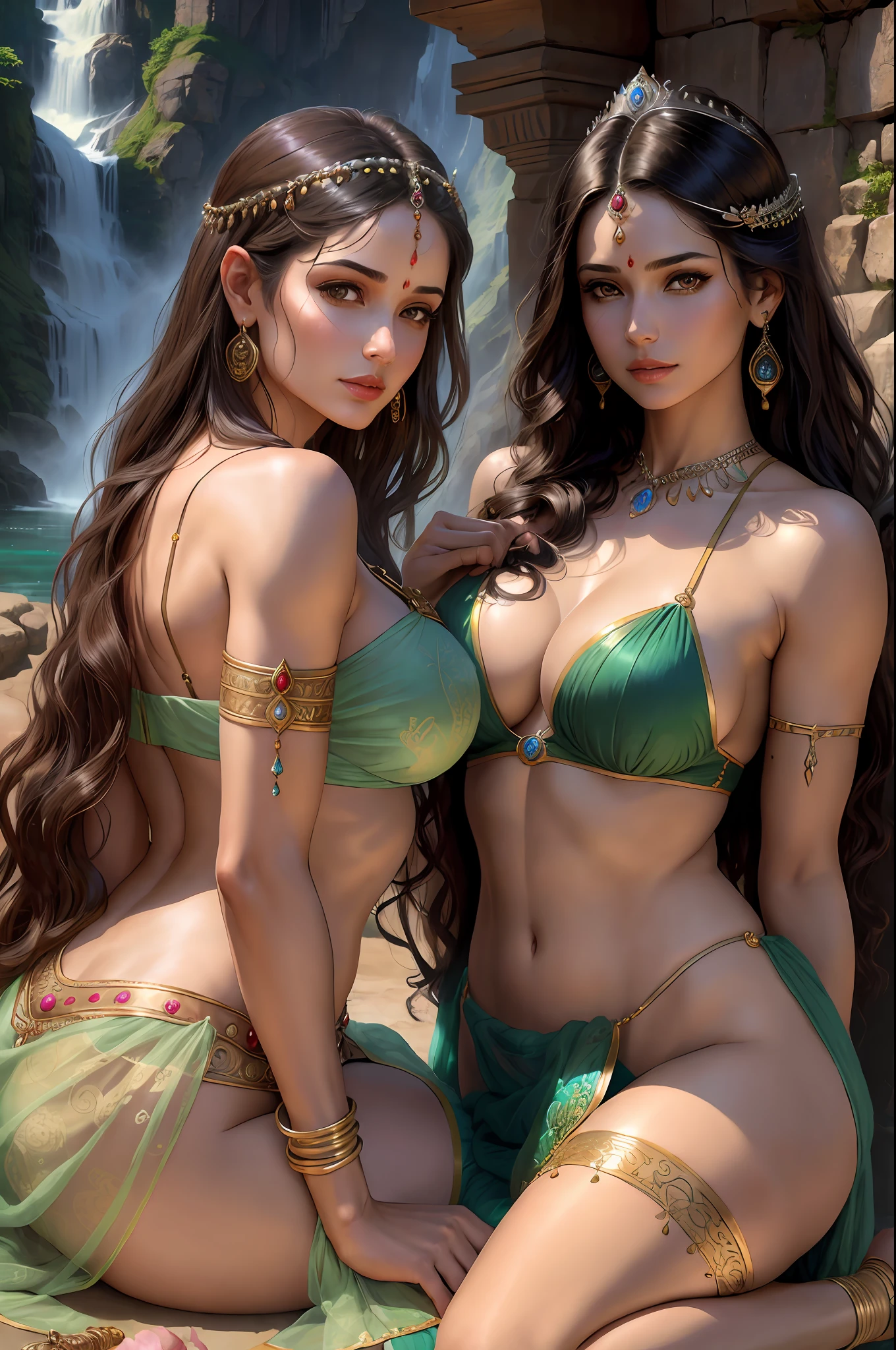 ((realistic:1.5)),((best quality)), ((masterpiece)),((detailed)), (1girl), {a beautiful female wearing a Sari}, (upper body:1.3),super-wide-angle lens,face focus, mature,sexy,toned muscles,long legs,curvy, barefoot, oversized firm breasts, open cleavage, drooping breasts, thick thighs,wide hips, thin legs, green eyes,long black hair,floting hair,long eyelashes, (detailed face,beautiful eye, detailed pupilss,detailed clothes features, clear background:1.3), (Bindi,Jhumkas:1.3), (Armlet, Haar, Payal,Maang Tikka,Jhumkas,Kamarband,Bangles:1.3), mysterious ancient ruin, lush forests, deep canyons,bridge,river,cliff,cloud, lakes,rock,waterfalls, flowers, grass, fog,vine,tree, smoke, best shadow,bright details,sharp,perfect composistion, Intricate, Sharp focus, dramatic, by Frank Frazetta,by Julie Bell,by Olivia De Berardinis,by Luis Royo,by boris vallejo, (specular lighting:1.3),rim light, princesses, playing, princesses playing with water, river bank, royal skimpy underwear, random royal color, laying on the floor, spooning her friend, hand on underwear, thirsty face, erotic face, lips open, almost undressed, underwear slid down, attended by servants, armed bodyguard, servant, gasping, breathing hard, fist clenched, visible slit, queen and slave