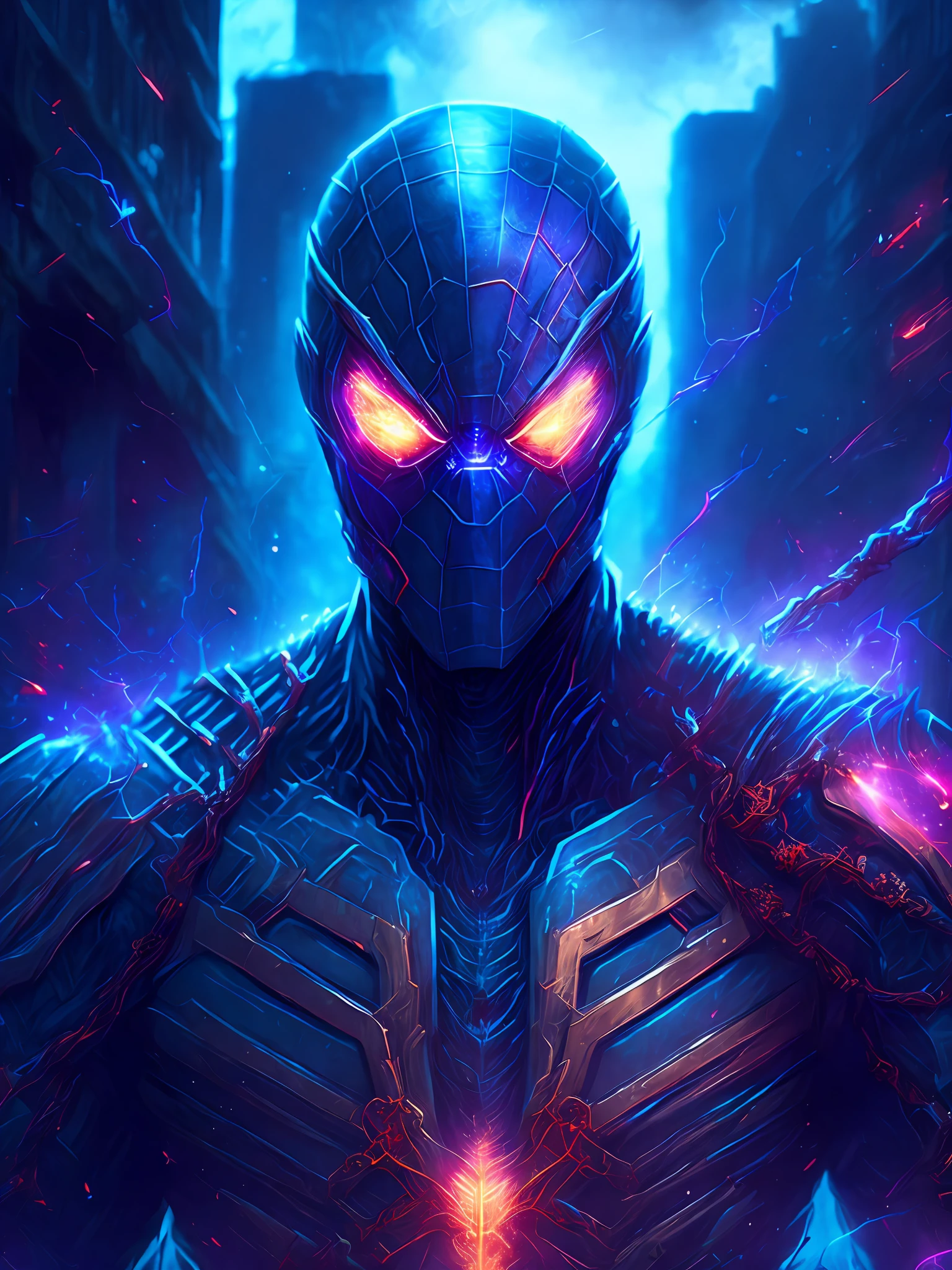 gloomy portrait of Zombie Iron Spider from Marvel, extremely detailed, futuristic cityscape, nighttime, glowing neon lights, smoke, sparks, metal shavings, flying debris, blue energy effects, volumetric light