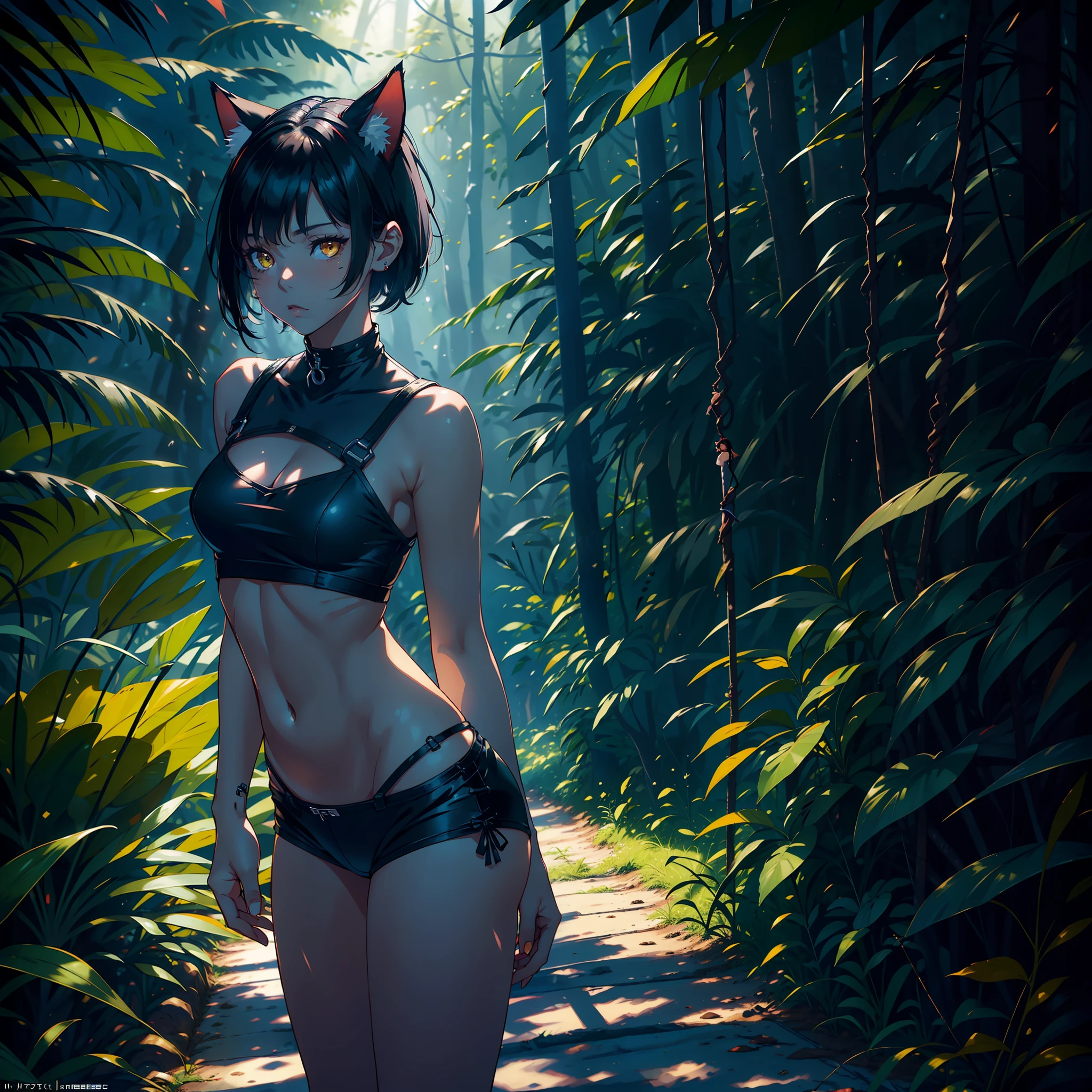 ((realista: 1.5)),((melhor qualidade)), ((obra-prima)),(detalhado)),Woman, short black hair, red skin, completely yellow eyes, small breasts, small size, innocent face, innocent look, short thievery clothes, cat's tail, cat's ears, jewelry scattered around her body, forest lit up at night