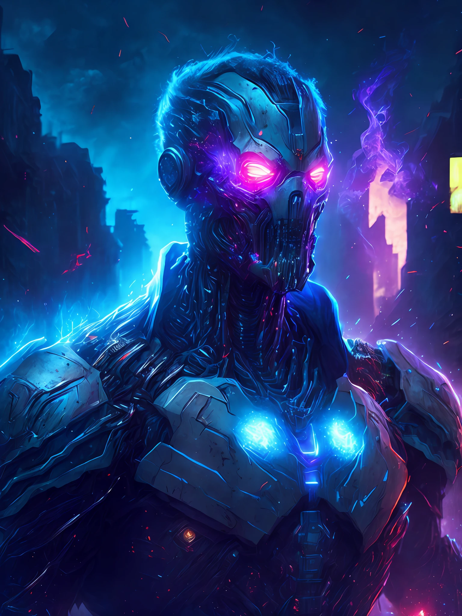 gloomy portrait of Zombie Ultron from Marvel, extremely detailed, futuristic cityscape, nighttime, glowing neon lights, smoke, sparks, metal shavings, flying debris, blue energy effects, volumetric light