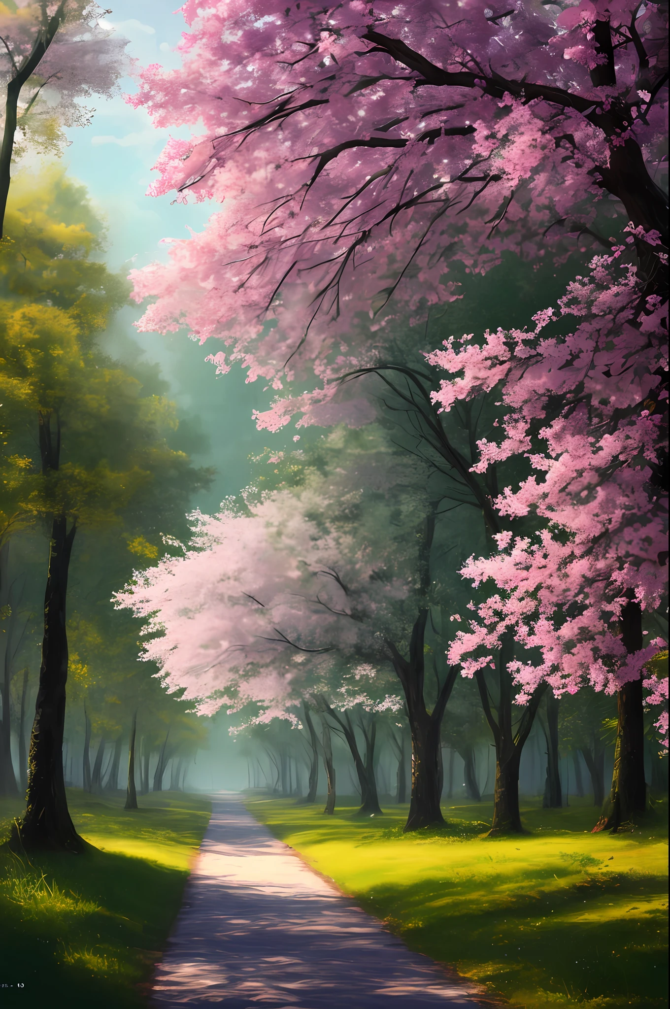 masterpiece, best quality, high quality, extremely detailed 8k wallpaper of CG unit, a charming and dreamy scene of a forest of sakuras, with tall trees, creating a sense of mystique and enchantment, artistic station, digital illustration, intricate, trend, pastel colors, oil painting, award-winning photography, Bokeh, depth of field, HDR, flower, chromatic aberration, photorealistic,  extremely detailed, trend in artstation, trend in CGsociety, intricate, high detail, dramatic, art in the middle of the journey