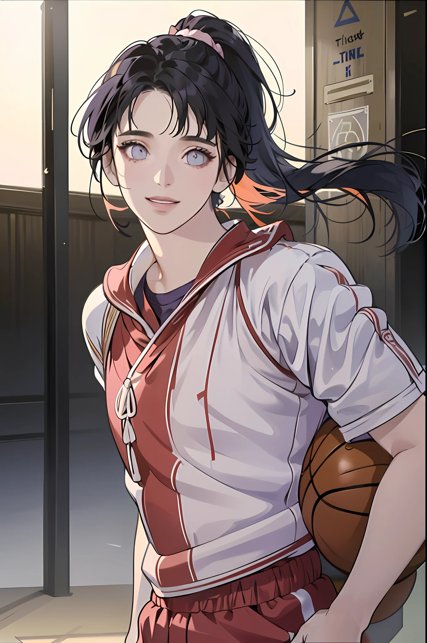 (8k, best quality, masterpiece:1.2), (realistic, photo-realistic:1.37), ultra-detailed,best quality, ultra high res, professional lighting, photon mapping, radiosity, physically-based rendering, cinematic lighting, ((basketball court)),depth of field, sharp focus,sunbeam, good composition,(bokeh:1.2) 1girl,solo,(full body), (closed mouth),beautiful detailed eyes, pose, narrow waist,(((basketball uniform))),messy hair,long hair floating in wind,(ulzzang-6500:1.2)
 mix4, hiqcgbody,  ((blunt bangs)), dark blue hair, purple eyes, ((ponytail)),  medium breast, (((1 girl))),  ((smile))