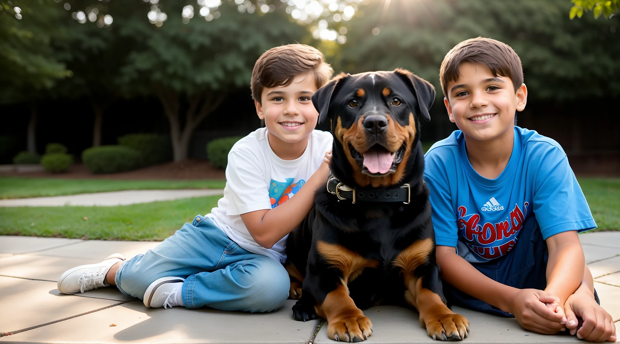 there is a boy with a beautiful smile sitting next to a rottweiler on the sidewalk, by Alexander Fedosav, portrait shot, portrait, beautiful surroundings, pets, powerful detail, pet, classic portrait, cute, sharp detail, child, cute boy, true realistic image, close-up portrait photo, detailed portrait photo, incredibly composite image, by Scott M. Fischer,  family photo, incredibly realistic