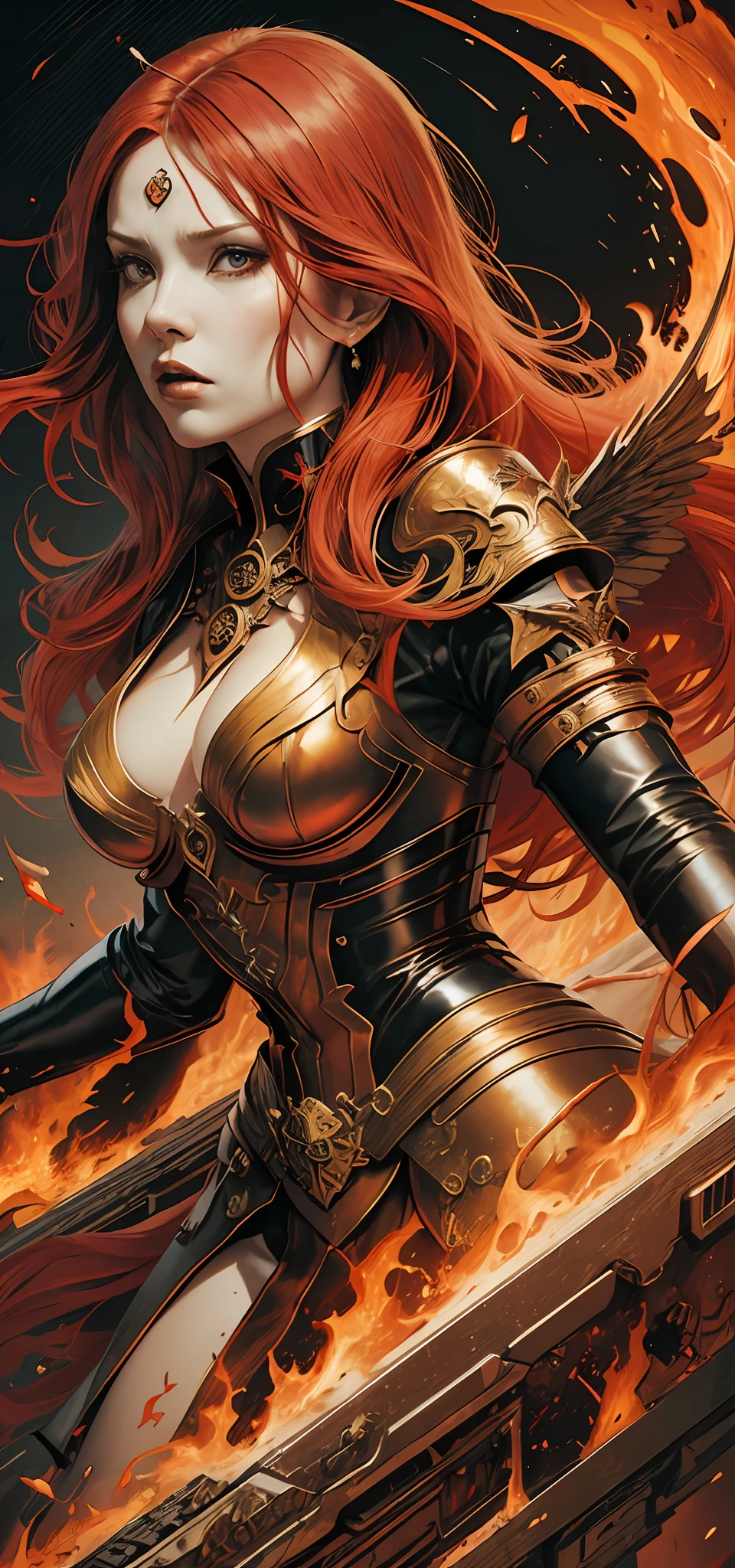 fire empress,long red hair,large body,black latex clothing,back,metal crown,angry expression on face,fire wings,fire scenery,hand drawing,illustration,art nouveau,tarot cards