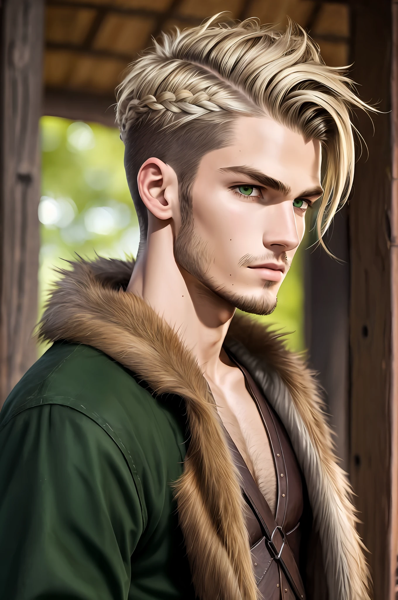 Skinny young man of 18 years, Viking, rustic face, medium dark blonde hair tied and shaved from the sides, green eye color, slim body, serious face, rustic face, wearing a black outfit and a busão of furs, if hairs on the pectoral, hair very shaved from the sides