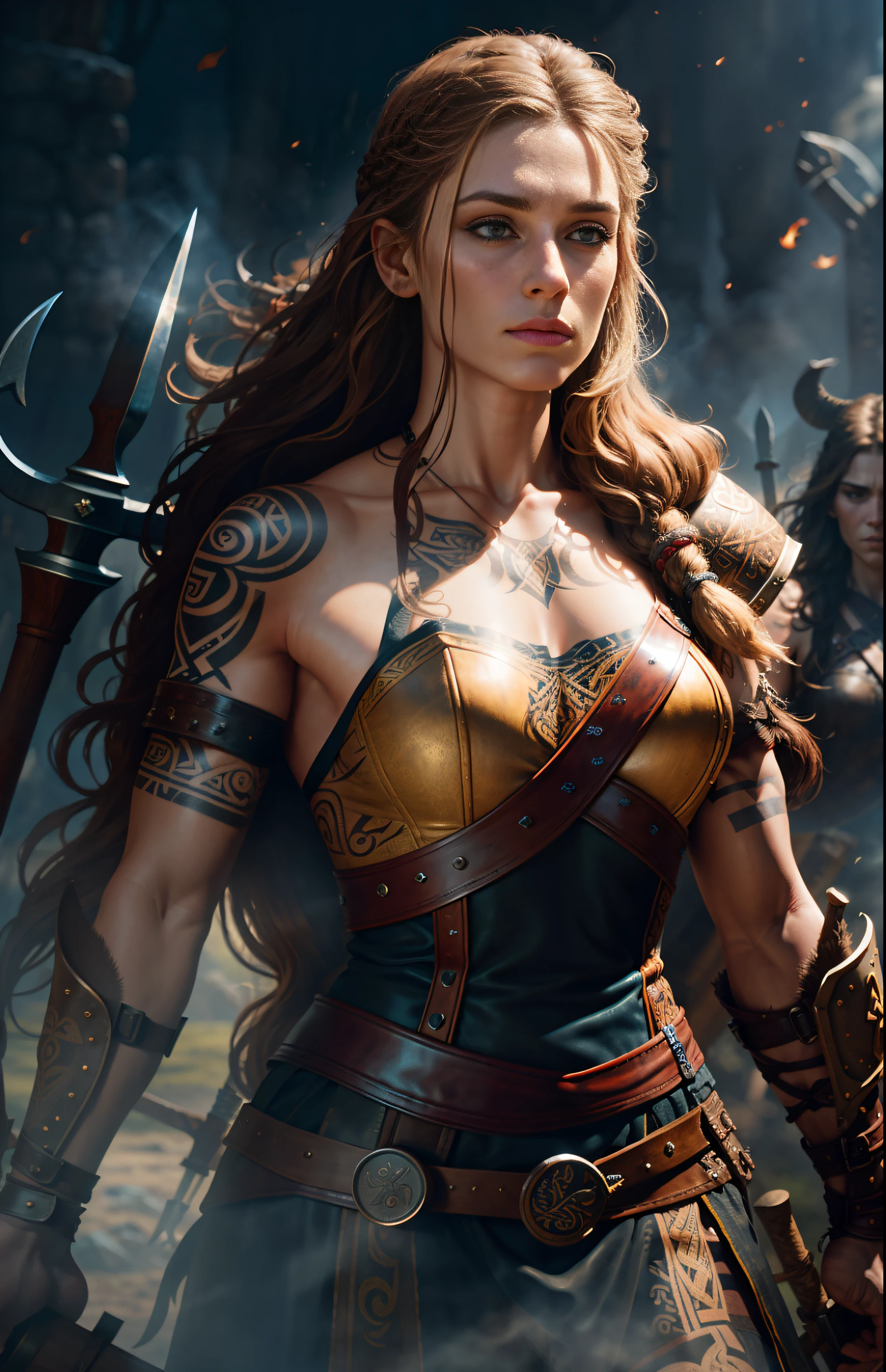 Movie poster, Viking female warrior, with a Viking style tattoo on her body, long brown hair, delicate face, holding a Viking battle axe, leather equipment, highly detailed, complex details, volumetric lighting, 4K rendering, ultra-realistic, realistic textures,
