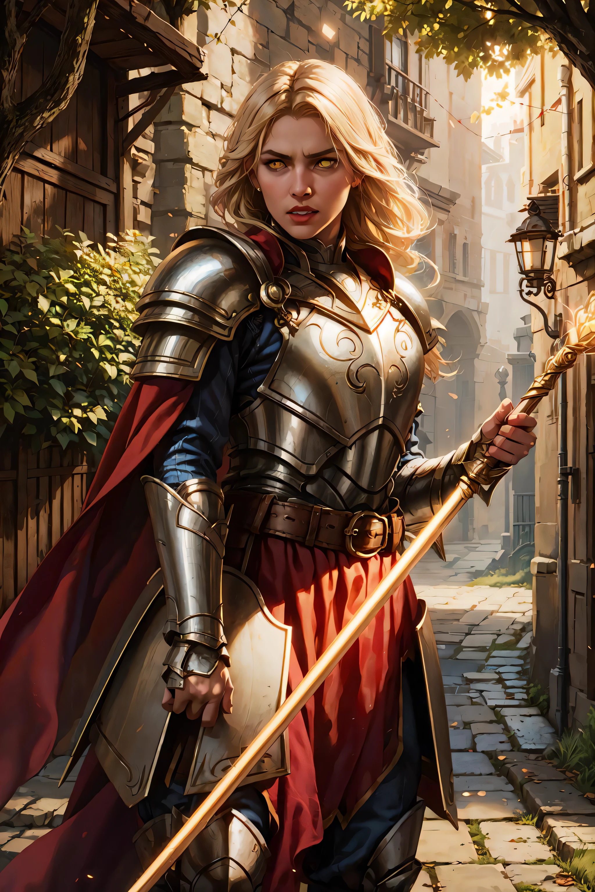 magv1ll, cowboy shot of blonde paladin girl in plate armor, holding spear, belt red cape, glowing yellow eyes, medieval alley, tree, fantasy, particles
