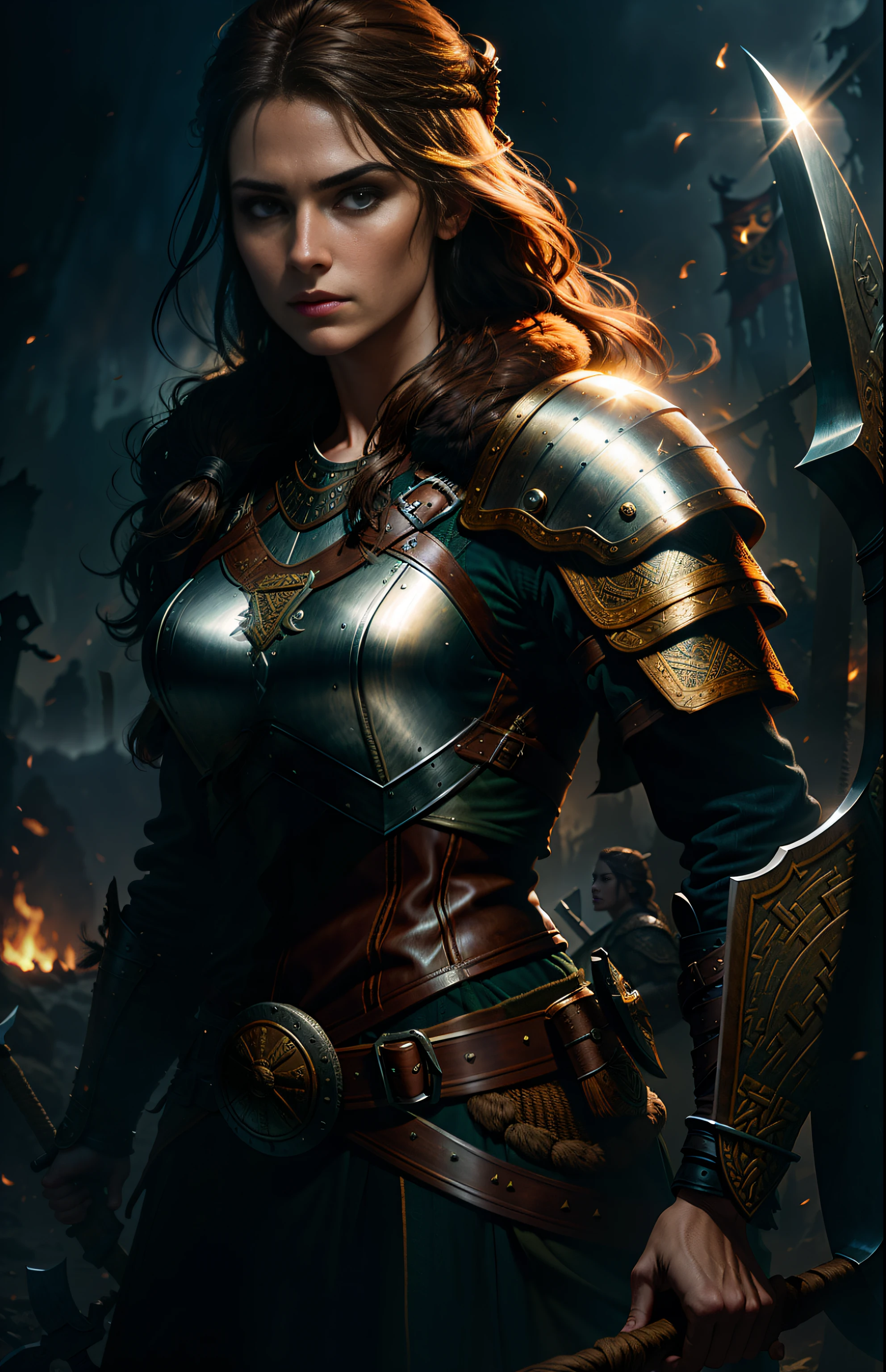 Movie poster, female warrior, long brown hair, delicate face, holding viking battle axe, leather clothing, rich details, intricate details, volumetric light, 4K rendering, hyper realistic, realistic texture,