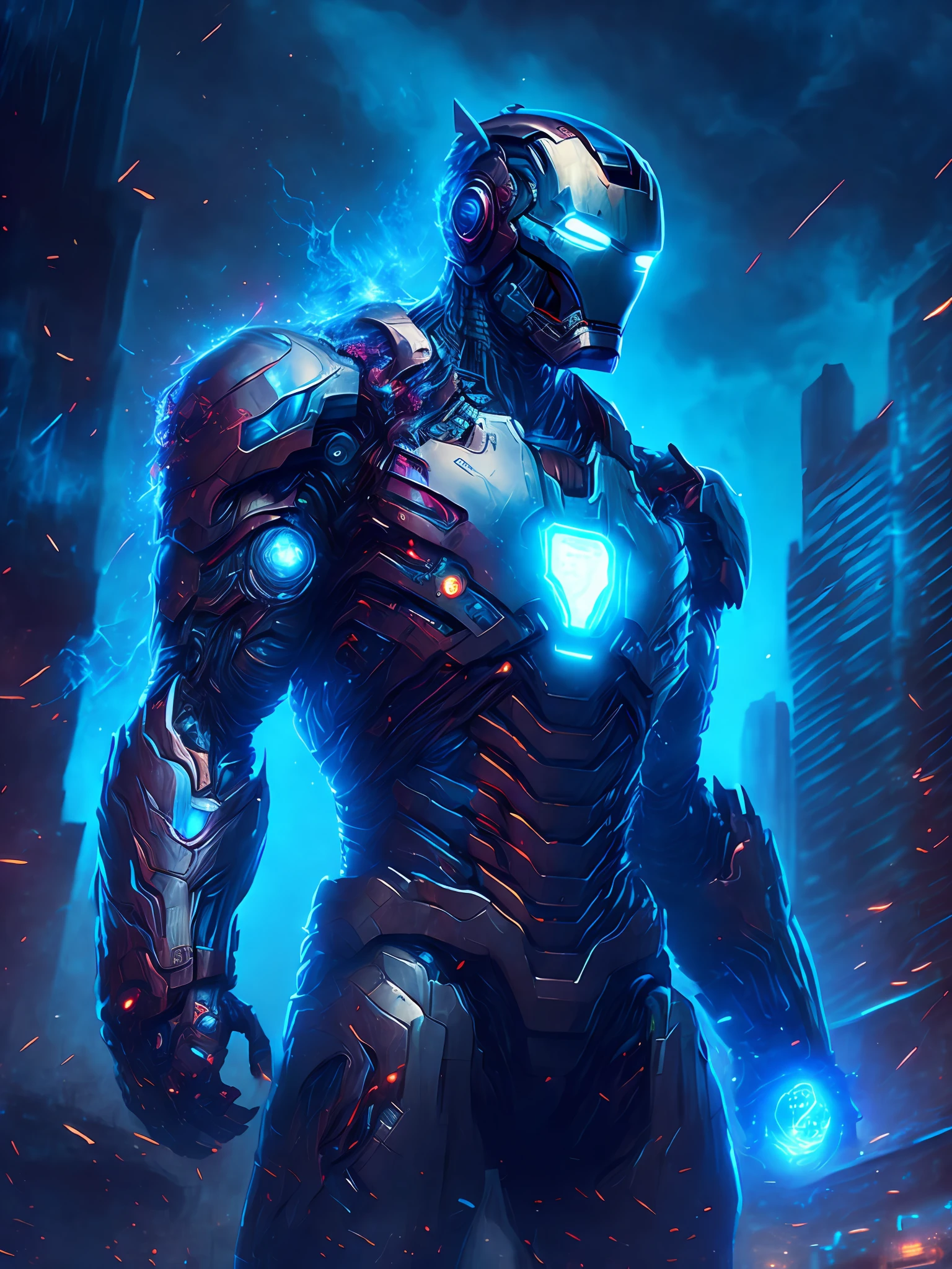 gloomy portrait of Zombie Iron Man from Marvel, extremely detailed, futuristic cityscape, nighttime, glowing neon lights, smoke, sparks, metal shavings, flying debris, blue energy effects, volumetric light