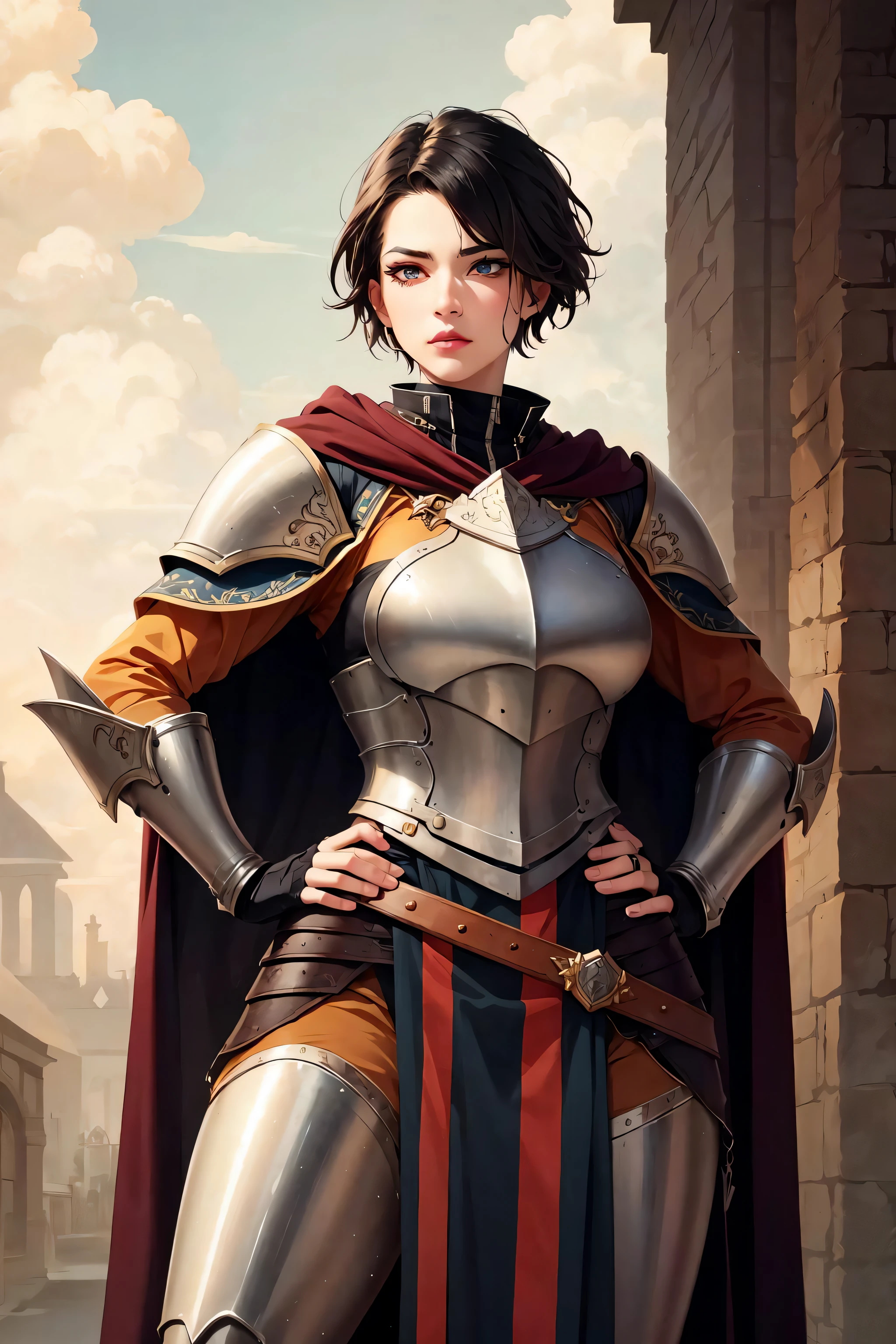 (masterpiece:1.2), (best quality:1.2), perfect eyes, perfect face, volumetric lighting, 1girl, tall mature female warrior, muscular, short hair, heavy armor, huge pauldrons, gauntlets, cloak, belt, spear, skirt, stern expression, makeup, lipstick, eyeshadow, mascara, thick eyelashes, dark fantasy, outdoor, detailed background, hand on hip