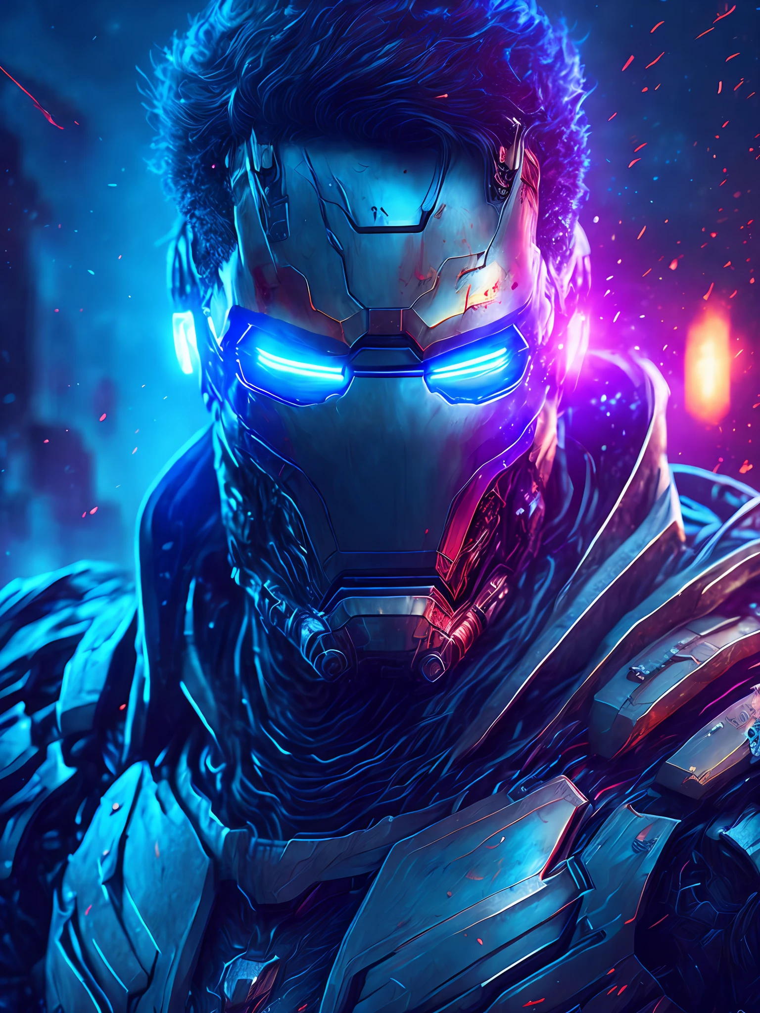 gloomy portrait of Zombie Iron Man from Marvel, extremely detailed, futuristic cityscape, nighttime, glowing neon lights, smoke, sparks, metal shavings, flying debris, blue energy effects, volumetric light
