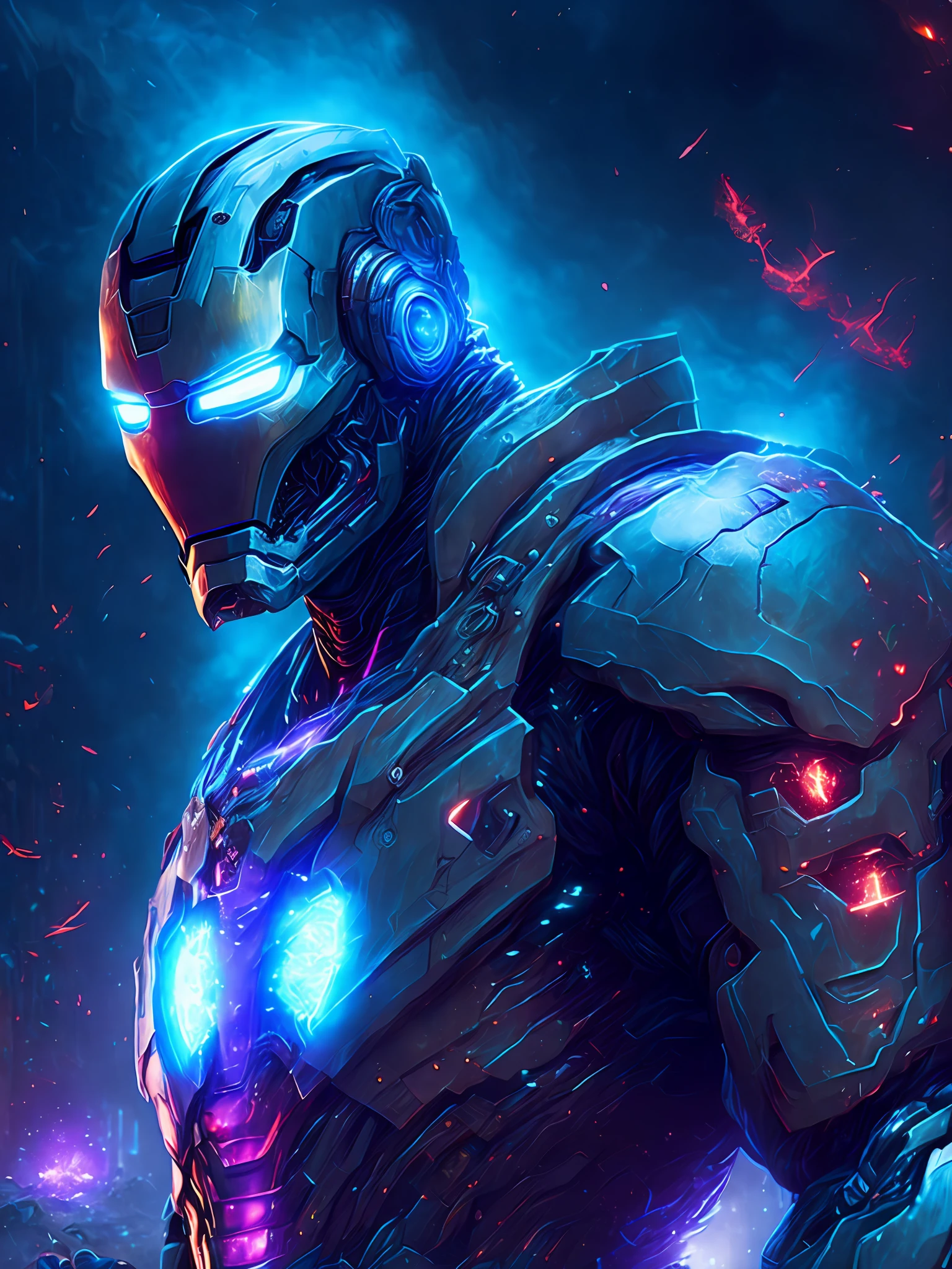 gloomy portrait of Zombie Iron Man from Marvel, extremely detailed, futuristic cityscape, nighttime, glowing neon lights, smoke, sparks, metal shavings, flying debris, blue energy effects, volumetric light
