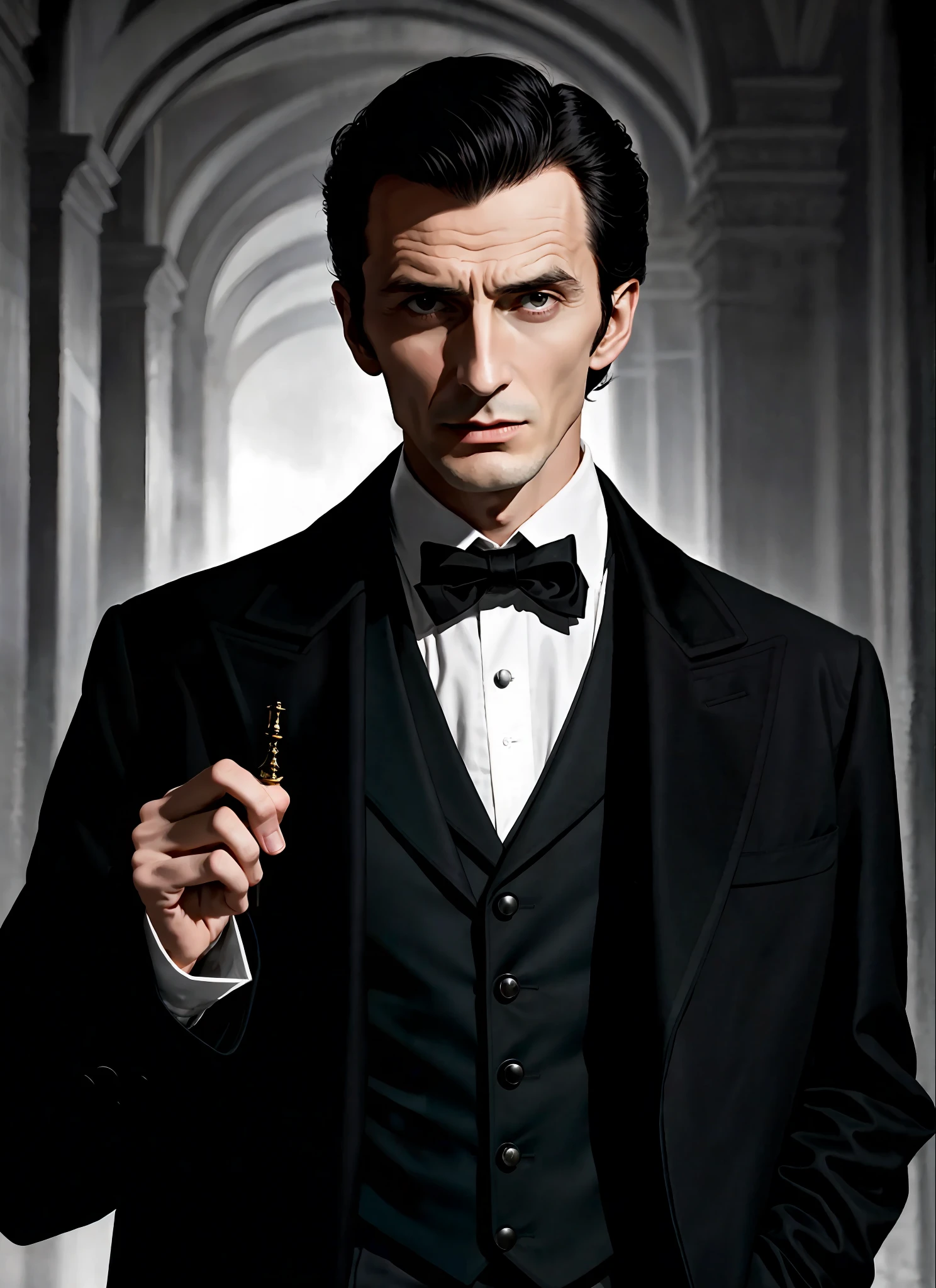 A handsome vampire resembling a young Peter Cushing in modern times with short dark hair combed back into a widow's peak and wearing a long black coat, modern nocturnal setting