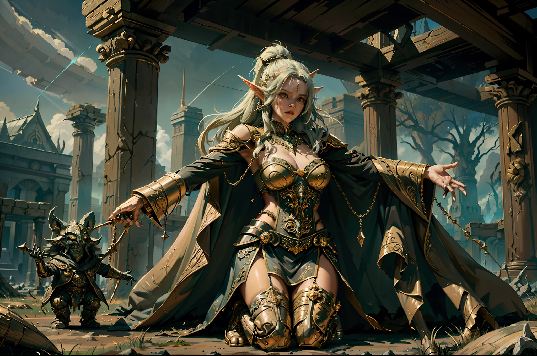 ((Best quality)), ((masterpiece)), (highly detailed:1.3)3D,tanjoreai , Amidst a realm of enchantment and mythical wonders, tales of (heroes:1.1) and (heroines:1.2) unfold. In this realm, ancient prophecies foretell the rise of a chosen champion destined to confront a malevolent force threatening to plunge the world into eternal darkness. The path to victory lies scattered across exotic and otherworldly landscapes, from mist-shrouded forests to towering crystalline peaks and (ethereal floating islands:1.1).Harnessing the arcane arts, (mighty wizards:1.1) conjure spells that weave intricate patterns of magic, while (elven archers:1.1) unleash arrows infused with ancient power. (Dwarven smiths craft legendary weapons:1.1) imbued with the essence of mythical creatures, capable of vanquishing even the most formidable foes.The heroes embark on a perilous quest, guided by ancient scrolls and cryptic riddles. Along their journey, they encounter wise mystics, shape-shifting creatures, and (mysterious sorceresses:1.1) who possess forbidden knowledge.As the heroes traverse the realms, ancient ruins and forgotten temples reveal long-lost secrets and powerful artifacts. The clash of steel and the crackling of (magical energies:1.1) echo through ancient battlegrounds, as the destiny of the world hangs in the balance. The heroes must summon unwavering courage, unwavering unity, and unlock their true potential to overcome seemingly insurmountable odds and fulfill their heroic destinies.In this realm of high fantasy, where the realms of magic and technology intertwine, where legends are born and (epic:1.2) sagas unfold, where heroes rise and villains fall, embark on a grand adventure that will captivate the imagination and transport you to a world where anything is possible,HDR (High Dynamic Range),Ray Tracing,NVIDIA RTX,Super-Resolution,Unreal 5,Subsurface scattering,PBR Texturing,Post-processing,Anisotropic Filtering,Depth-of-field,Maximum clarity and sharpness,Multi-layered textu
