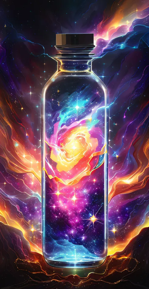 a close up of a glass jar with a colorful galaxy inside, galaxy in a bottle, lightning in a bottle, vial of stars, amazing wallp...