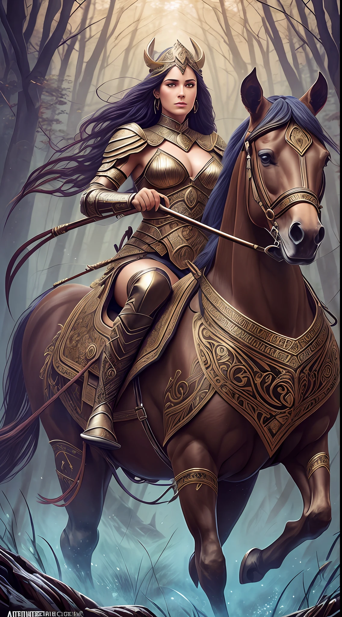 Warrior Amazon woman mounted on a horse, in a forest of fantasies. 3d rendering, octane rendering, intricately detailed, cinematic, trend in artstation, isometric, hyperrealistic cover photo centered, amazing full color, hand drawn, Dark, Brave, Mucha, Klimt, Erte 12k, High definition, Cinematic, neoprene, Behance contest winner, Portrait presented on unsplash, Stylized digital art, smooth, ultra high definition, 8k, Unreal engine 5, ultra sharp focus, intricate art masterpiece,  sinister, epic, TanvirTamim, trend in artstation, by artgerm, h. r. giger and beksinski, highly detailed, vibrant --auto --s2