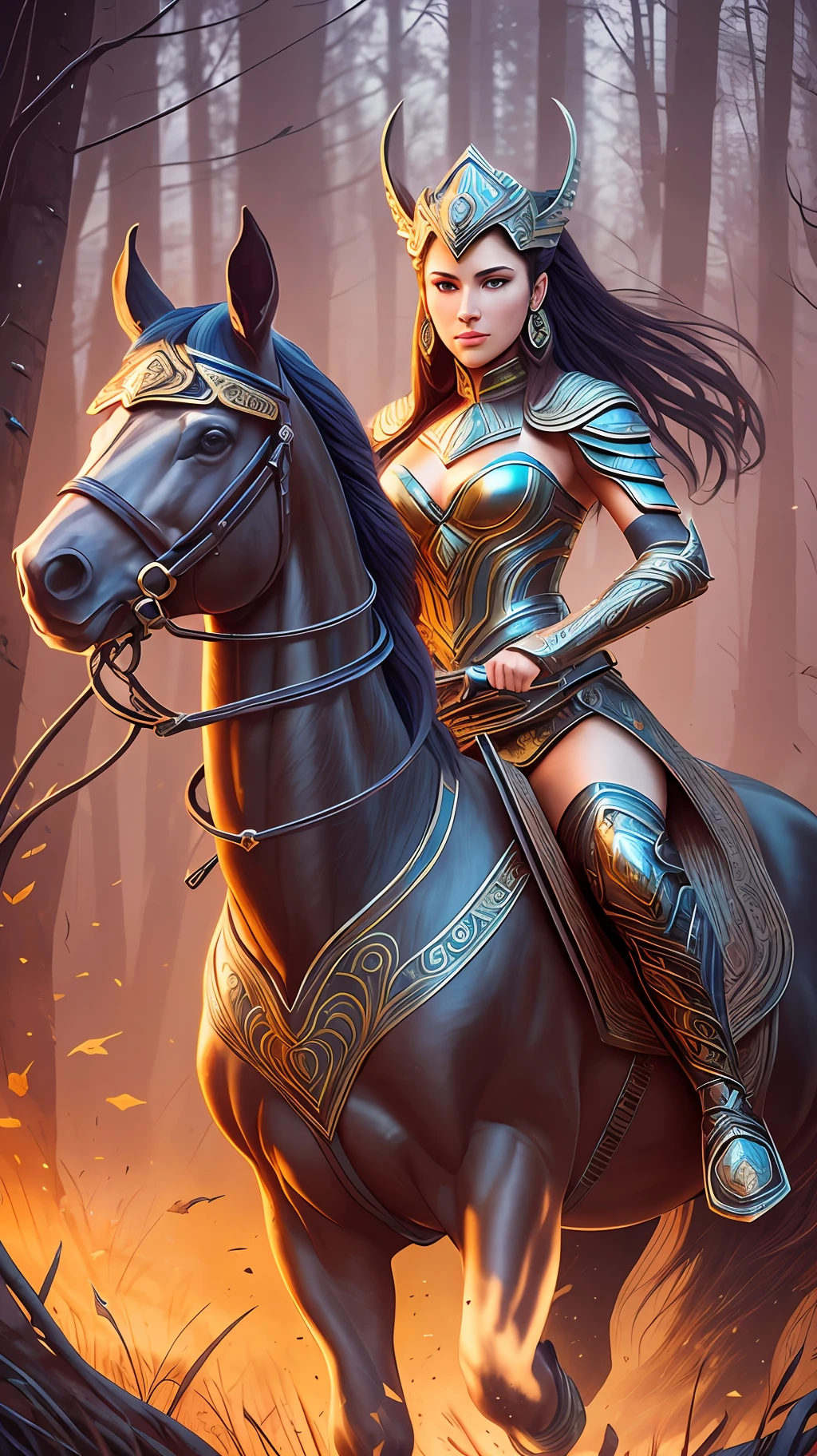 Warrior Amazon woman mounted on a horse, in a forest of fantasies. 3d rendering, octane rendering, intricately detailed, cinematic, trend in artstation, isometric, hyperrealistic cover photo centered, amazing full color, hand drawn, Dark, Brave, Mucha, Klimt, Erte 12k, High definition, Cinematic, neoprene, Behance contest winner, Portrait presented on unsplash, Stylized digital art, smooth, ultra high definition, 8k, Unreal engine 5, ultra sharp focus, intricate art masterpiece, sinister, epic, TanvirTamim, trend in artstation, by artgerm, h. r. giger and beksinski, highly detailed, vibrant --auto --s2