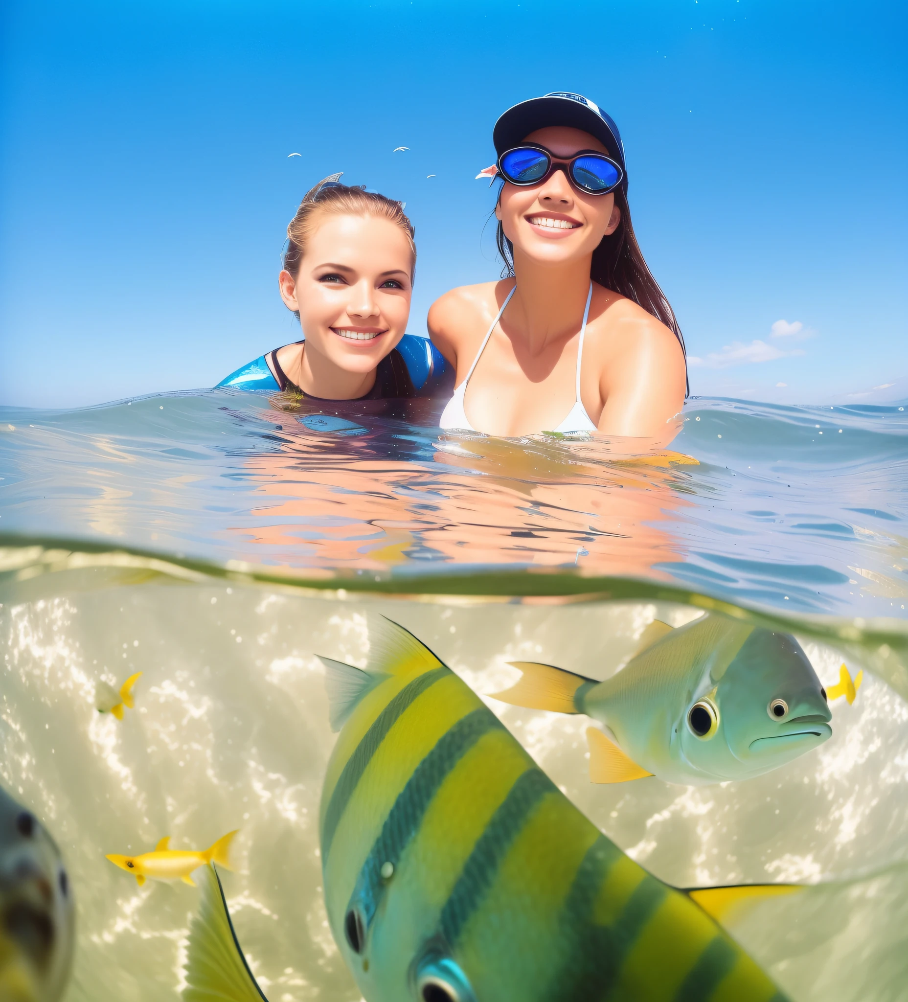 there are two people in the water with fish in the water, fish in the background, see fishes swimming, vacation photo, go pro, photo taken in 2 0 2 0, fish lens, in the middle of the ocean!!!!!, on the ocean water, stunning visual, by Carla Wyzgala, fish lense, gopro shot, lisa kristine, fish eye view