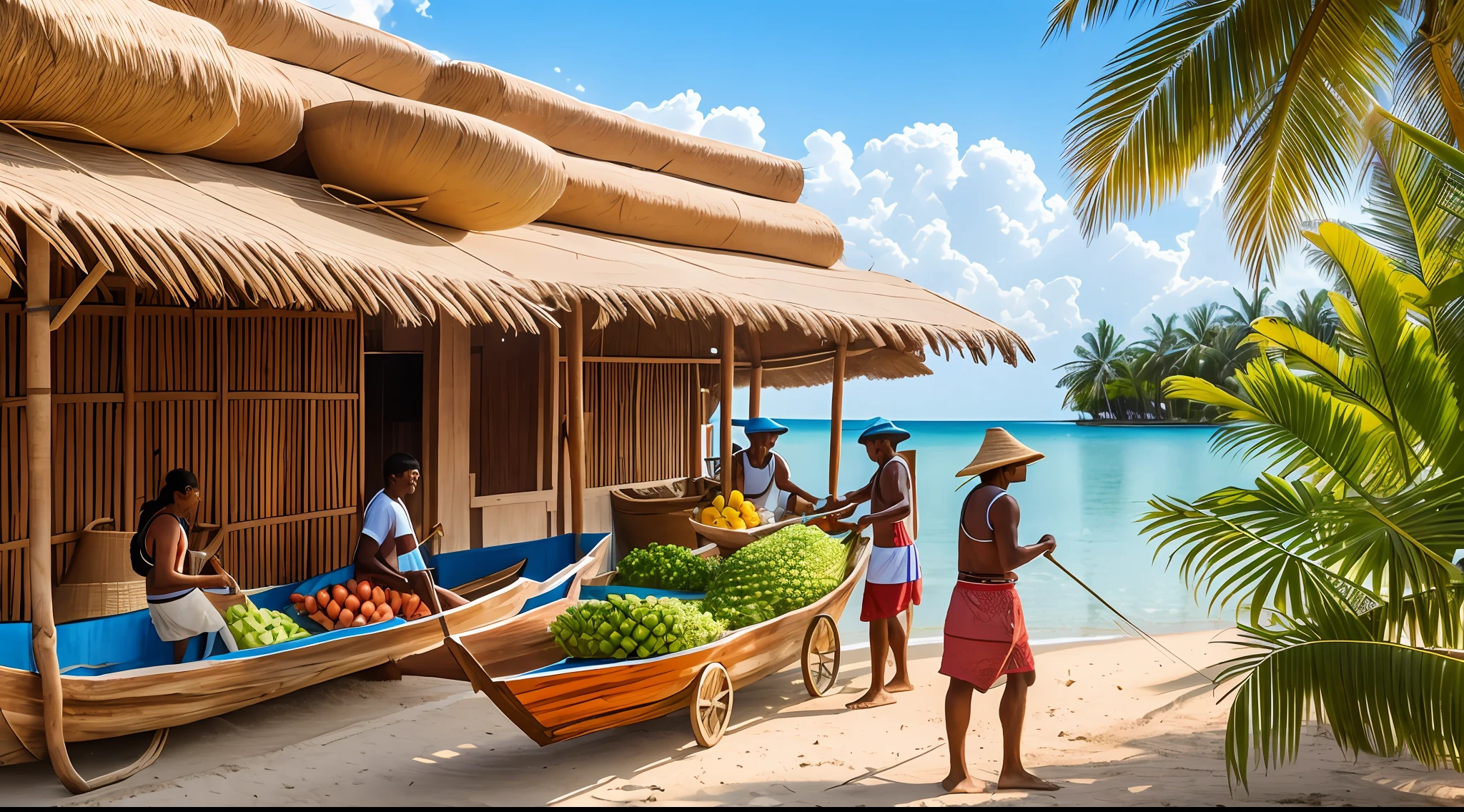 People trading a fish boat for bananas, a person paying for construction with coconuts and a person buying a fish boat with wheat