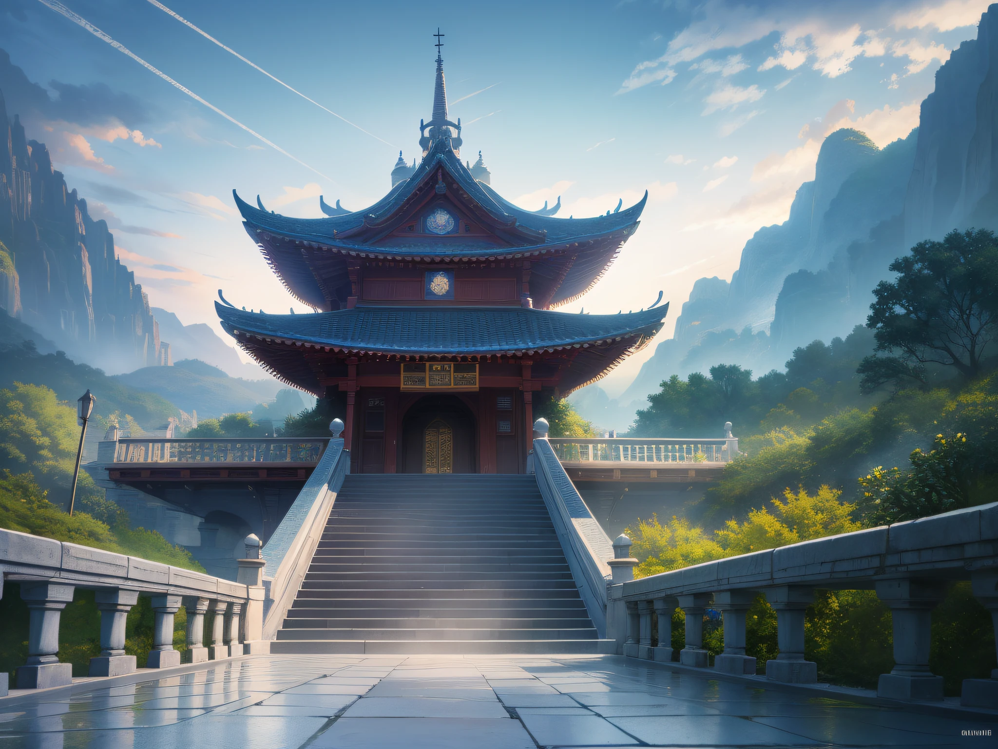 backround, CG, wuxiaworld, a long stairs toward the Gate of the Fairyland, realistic, panorama, ray tracing, reflection light, polar opposites, 8K, masterpiece, best quality, high quality, high details, super detail, highres, UHD