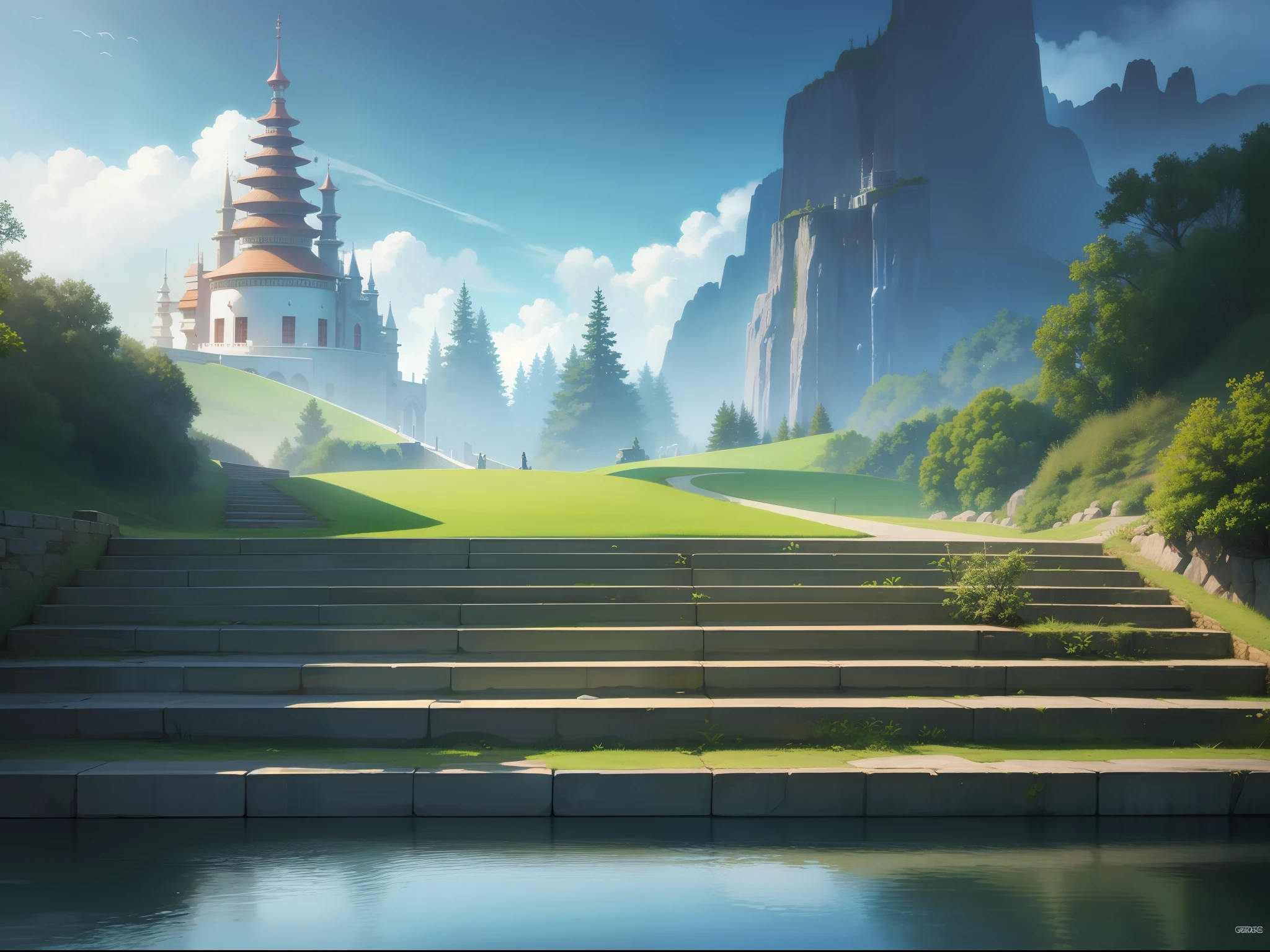 backround, CG, wuxiaworld, a long stairs toward the Gate of the Fairyland, realistic, panorama, ray tracing, reflection light, polar opposites, 8K, masterpiece, best quality, high quality, high details, super detail, highres, UHD