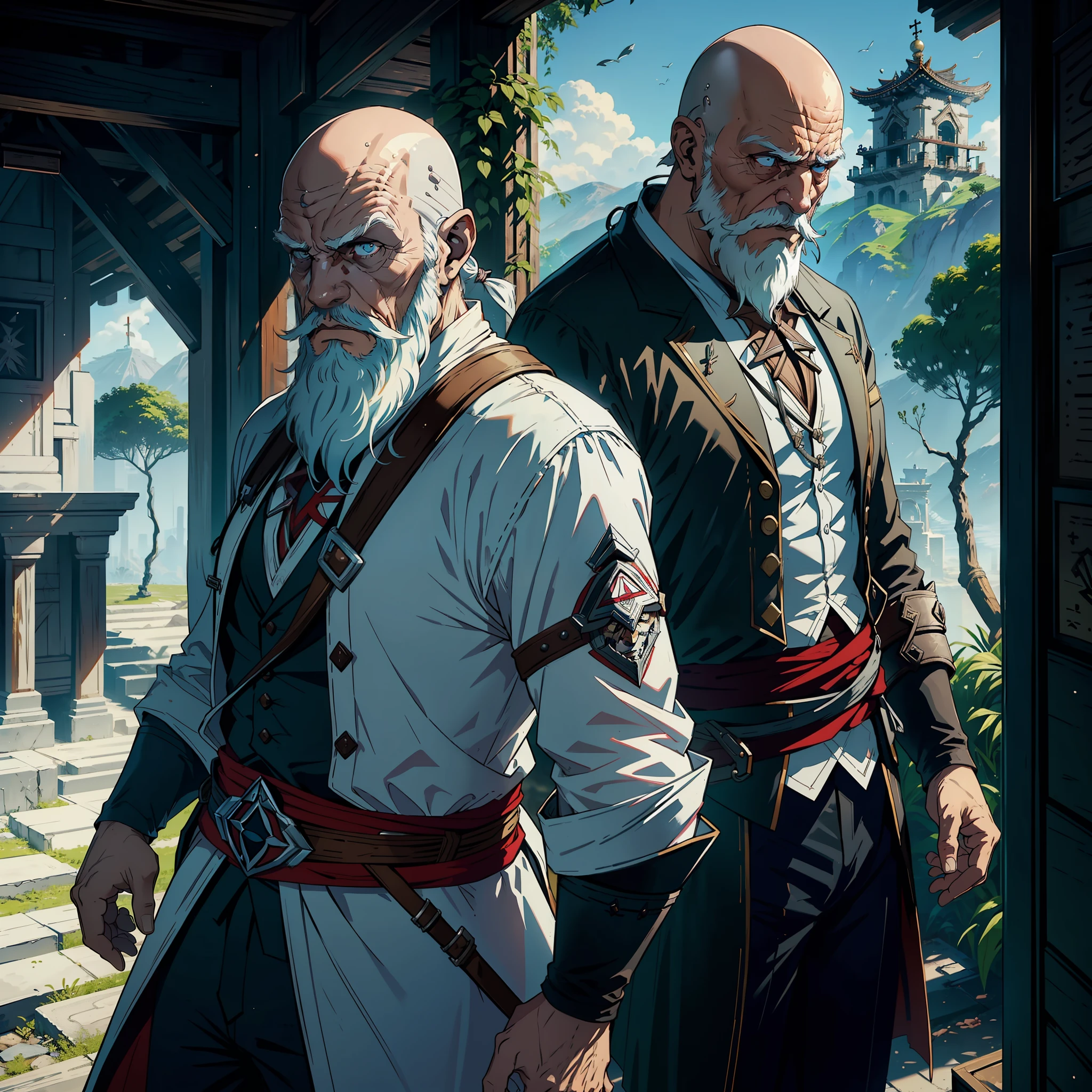 ((realista: 1.5)),((melhor qualidade)), ((obra-prima)),(detalhado)), man, old, bald, long white beard, assassins creed outfit, serious look, in a shrine