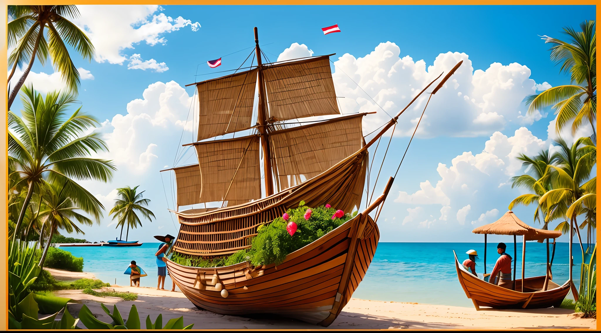 People trading a fish boat for bananas, a person paying for construction with coconuts and a person buying a fish boat with wheat