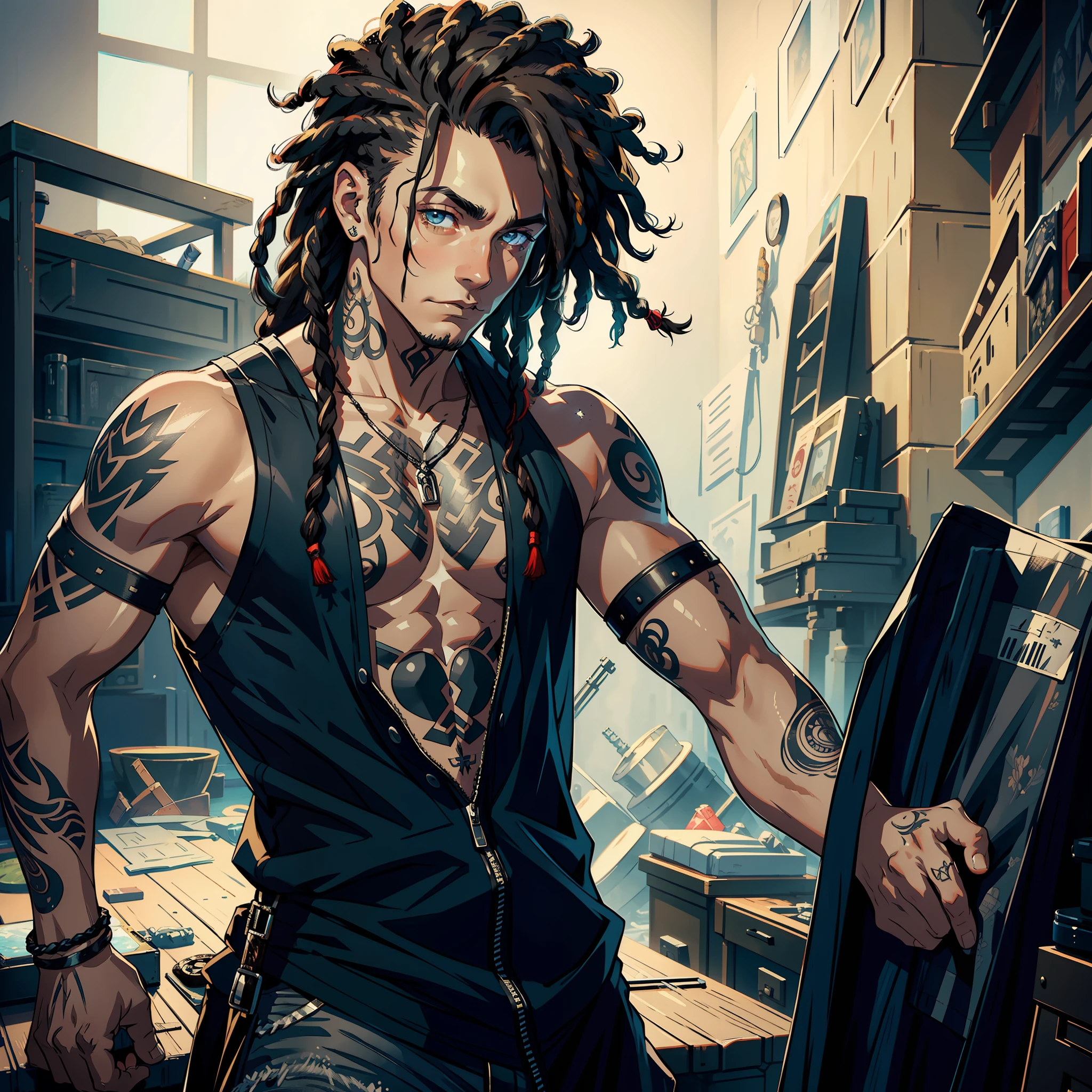 ((realistic: 1.5)),((best quality)), ((masterpiece)),(detailed)), Male, black, DreadLock, tattooed, sleeveless tunic.