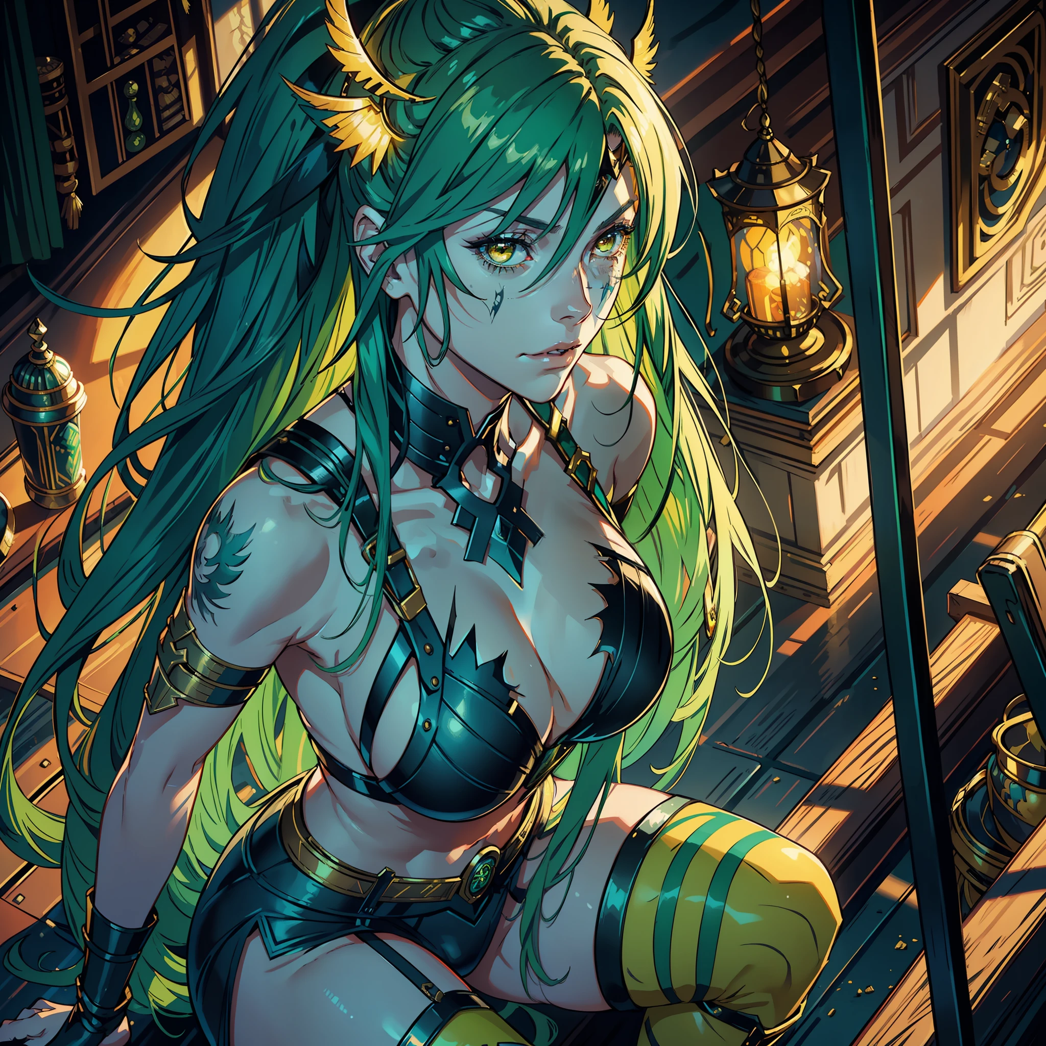 ((realistic: 1.5)),((best quality)), ((masterpiece)),(detailed)), Woman, serious and mature looking, scars on body and face, long green hair, bright yellow eyes, dressed as an Amazonian warrior.