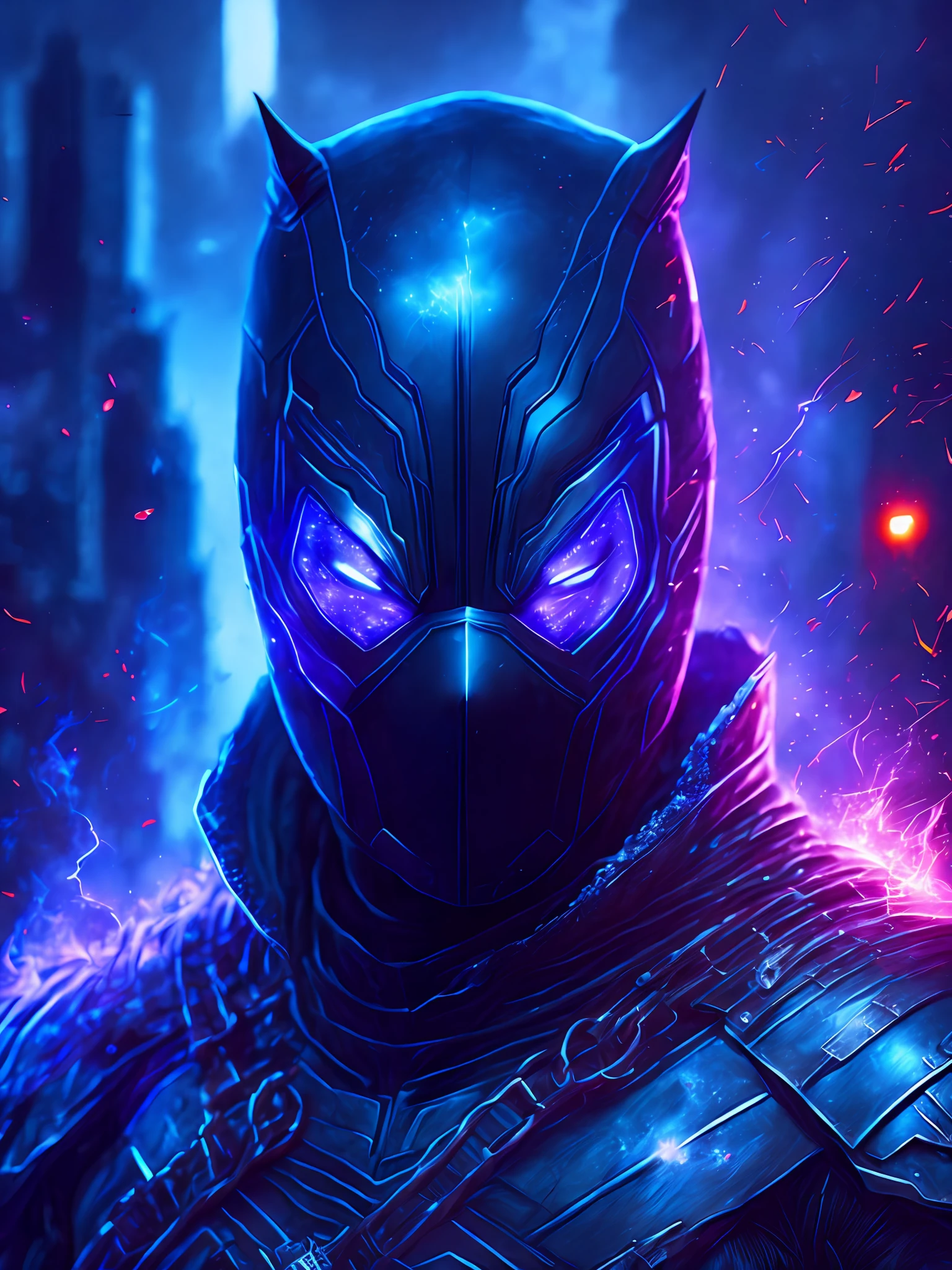 gloomy portrait of Black Deadpool Horseman of the Apocalypse from Marvel, extremely detailed, futuristic cityscape, nighttime, glowing neon lights, smoke, sparks, metal shavings, flying debris, blue energy effects, volumetric light