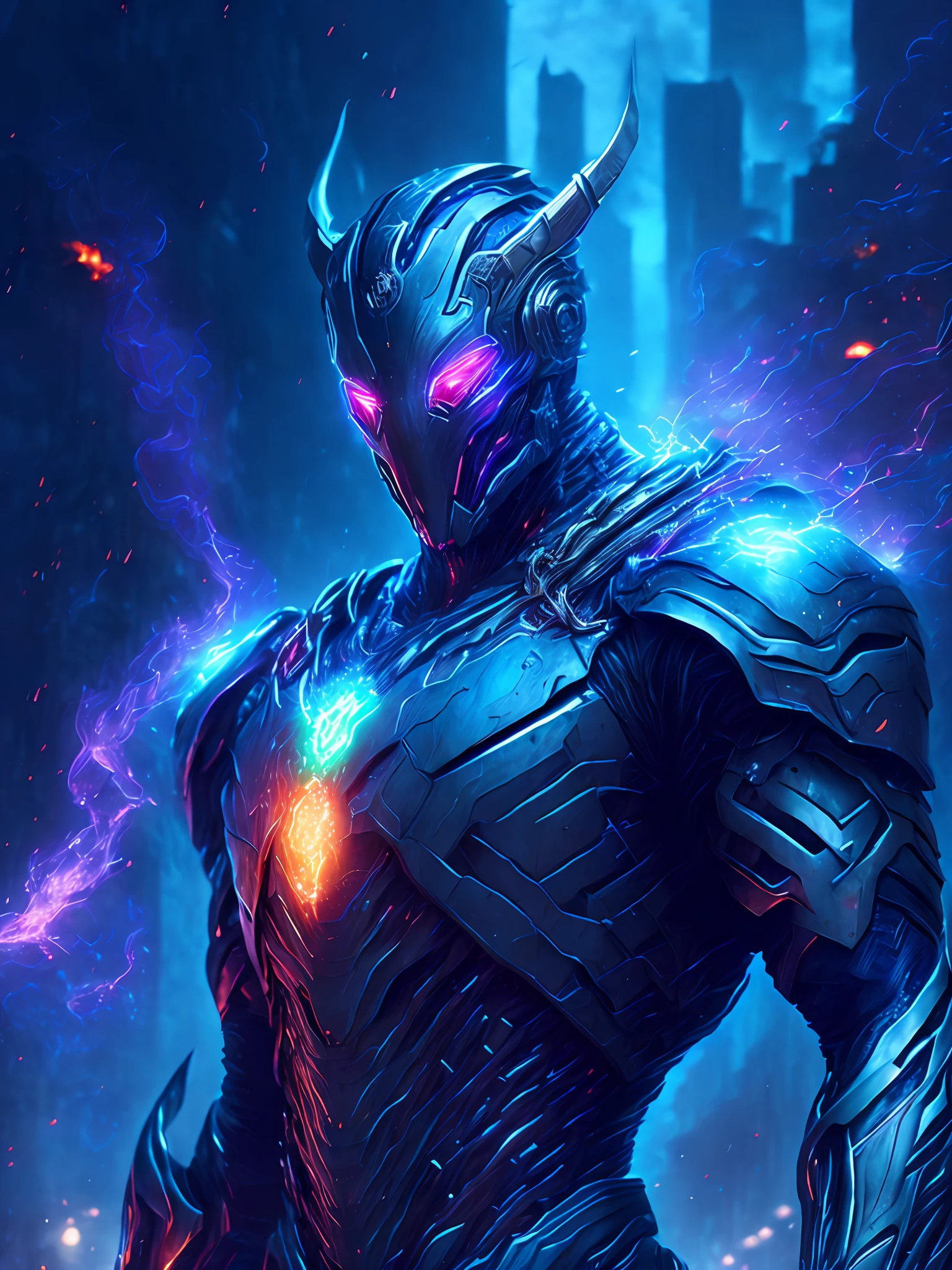 gloomy portrait of Ultron Horseman of the Apocalypse from Marvel, extremely detailed, futuristic cityscape, nighttime, glowing neon lights, smoke, sparks, metal shavings, flying debris, blue energy effects, volumetric light