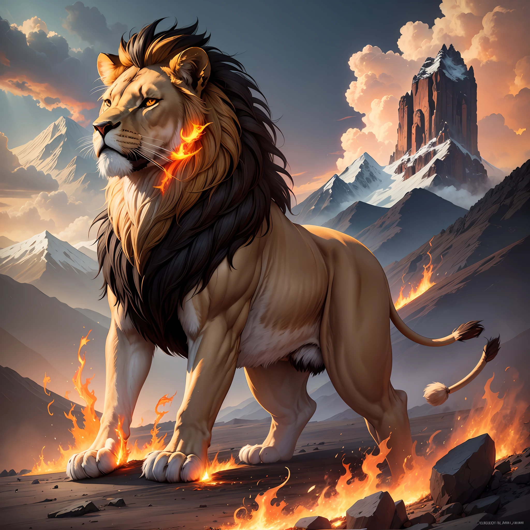 Lion ssj 2, fire around, lightning coming out, mountain environment, Super Sajan 2, digital art, masterpiece, --auto --s2