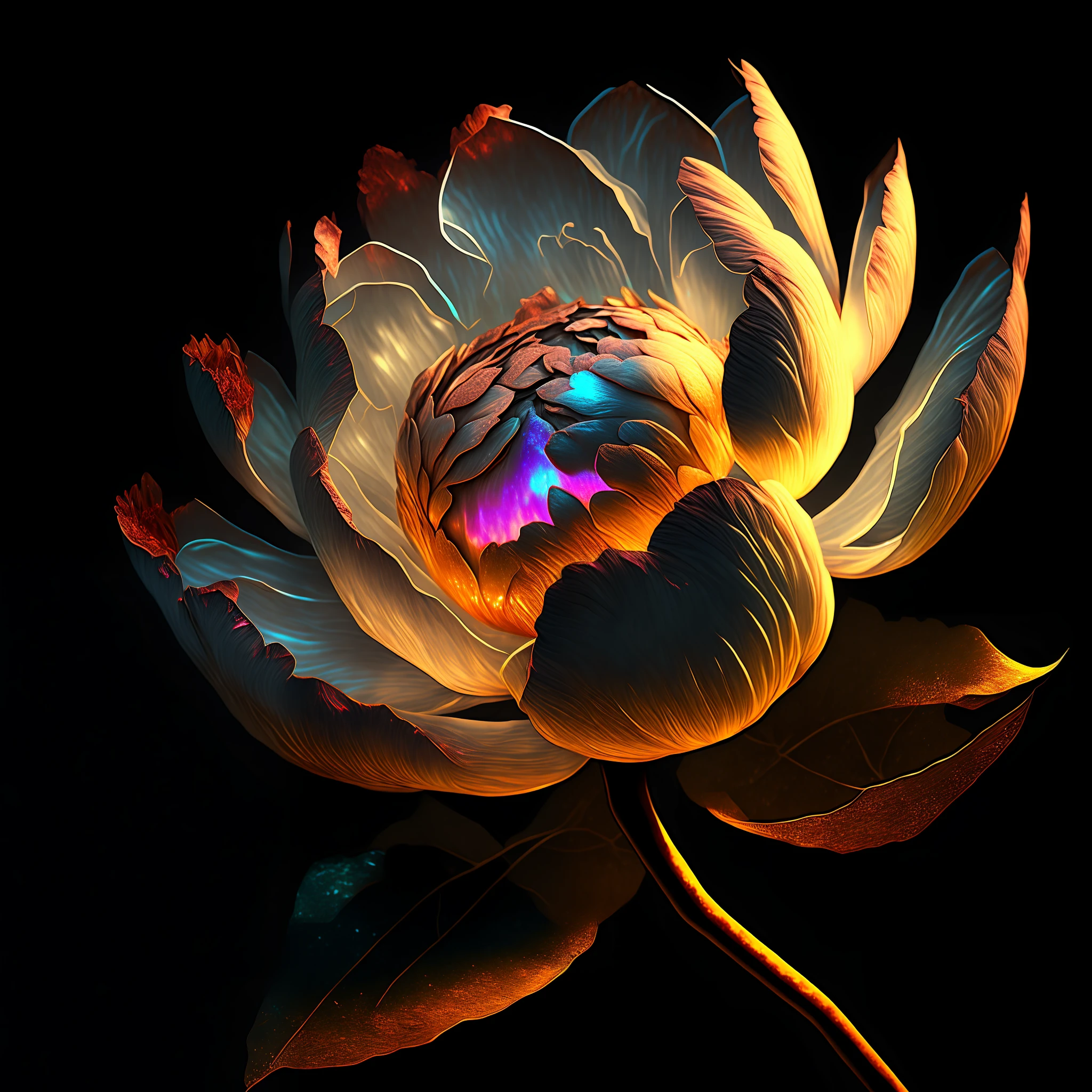 Peony flower, super transparent, holy light, beautiful spectrum light, petals glowing, shimmering, dark background, transparent light drops, reflected light, bright, light streaming in, optical, portrait silhouette, sharp focus, magical, intricate, hyper-realistic, fantasy, composition, light, artstation trend, pearl, patron saint cloud of silver steam, corroded surround ray family, 8k, real ar 23v4 uplight