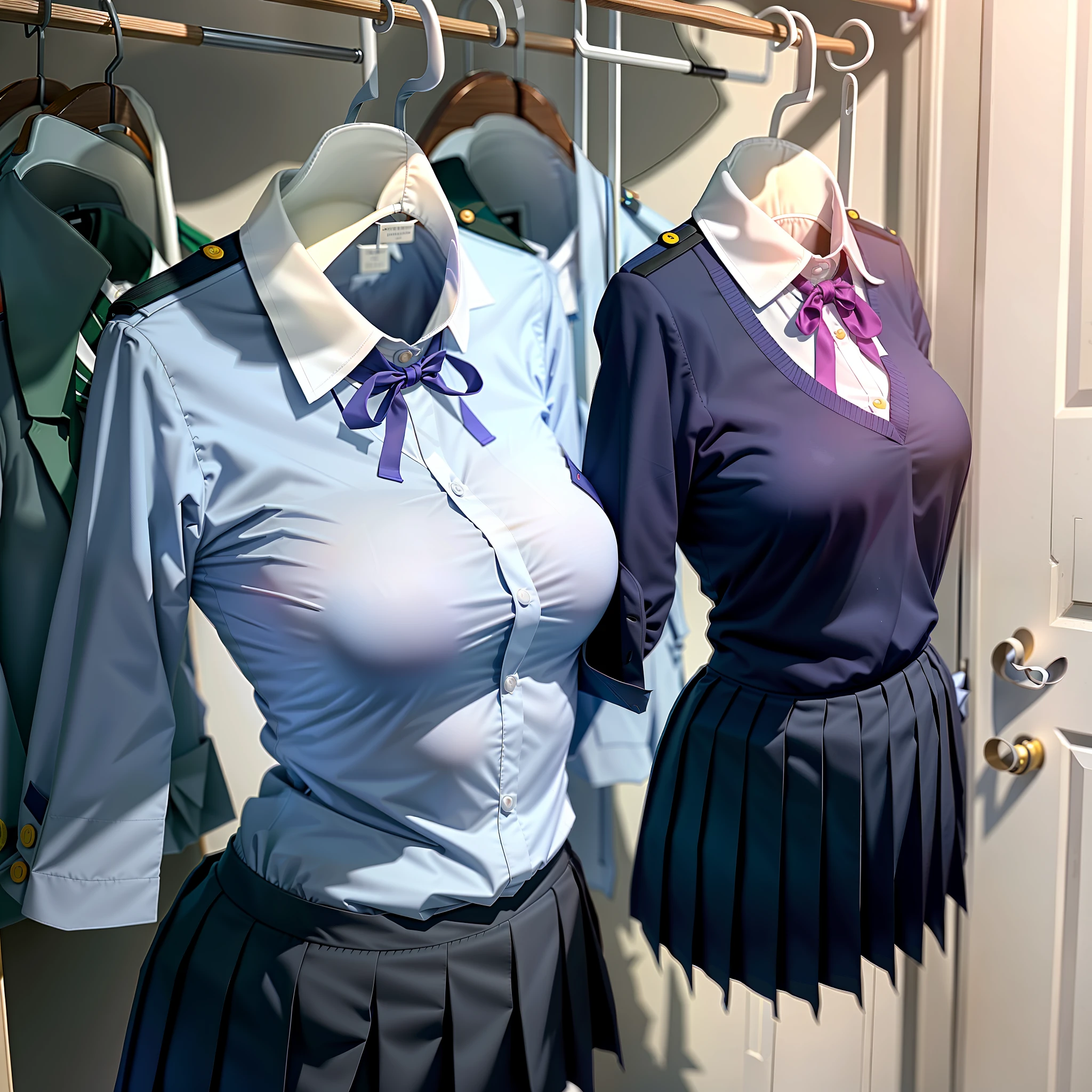 hanger school uniforms in closet raise their sleeves as if invisible girl wear it, school uniforms swells as if possessed by invisible girls, school uniforms have huge breasts and cleavage, (((no humans))), (headless), faceless, invisible girls, (hanger), jk ribbon on the neck, (from side)